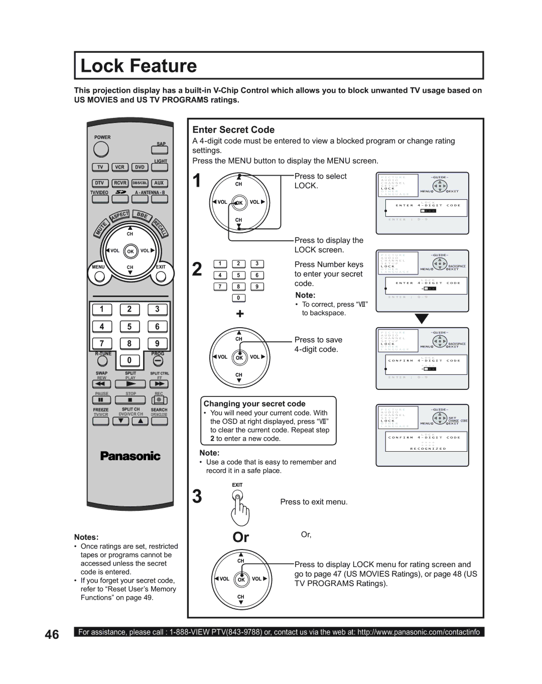 Panasonic PT-50LC14, PT-43LC14, PT-60LC14 manual Lock Feature, Or Or, Enter Secret Code 