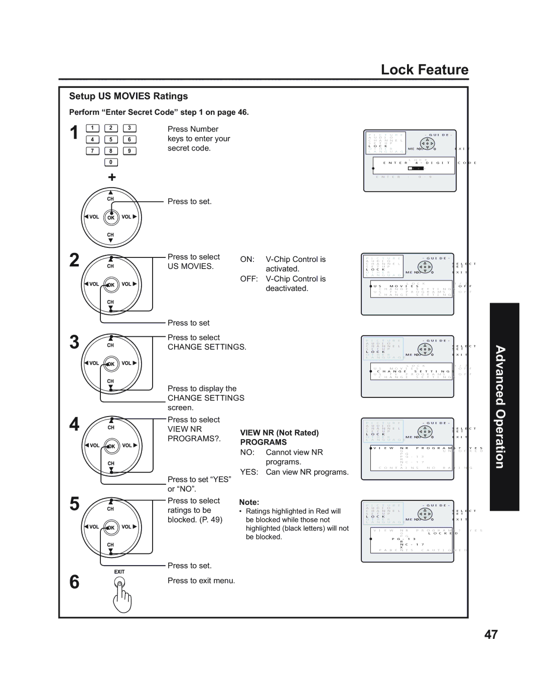 Panasonic PT-60LC14, PT-43LC14, PT-50LC14 manual Lock Feature, Setup US Movies Ratings, View NR Not Rated, Programs 