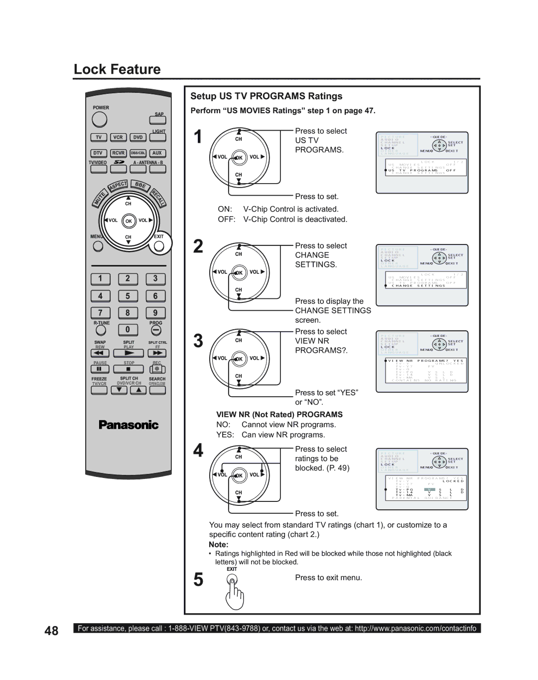 Panasonic PT-43LC14, PT-50LC14 manual Setup US TV Programs Ratings, Perform US Movies Ratings on, View NR Not Rated Programs 