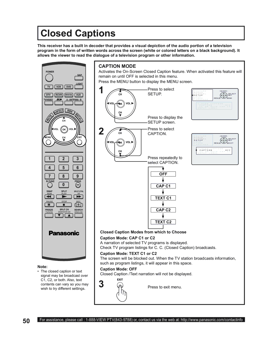 Panasonic PT-60LC14, PT-43LC14 manual Closed Captions, Setup, OFF CAP C1 Text C1 CAP C2 Text C2, Caption Mode Text C1 or C2 