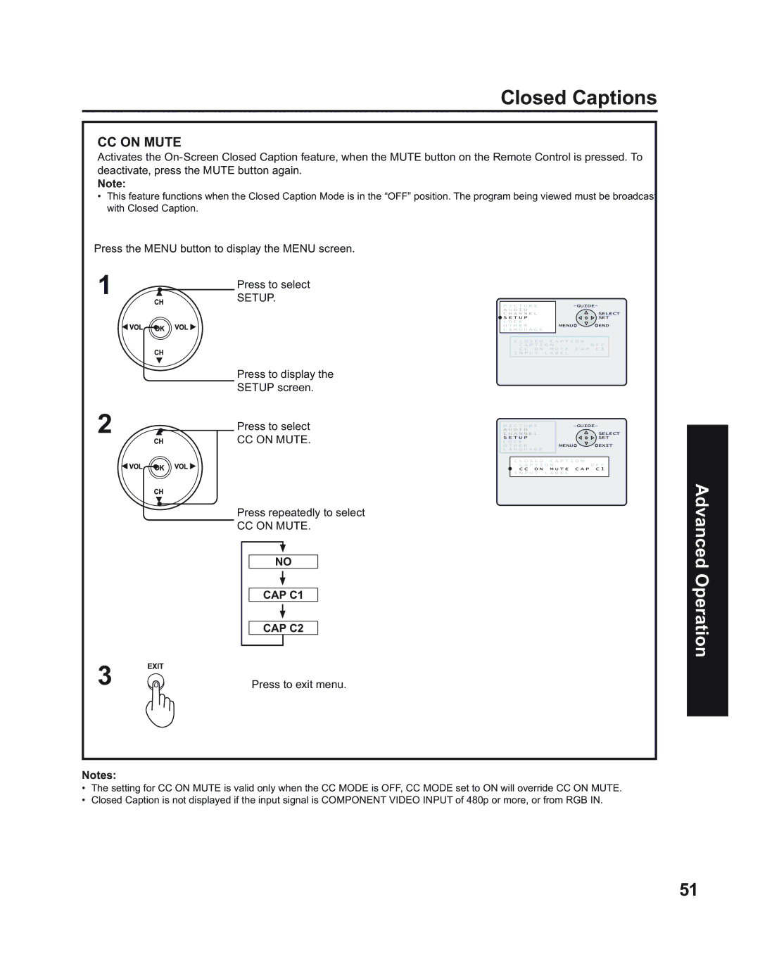 Panasonic PT-43LC14, PT-50LC14, PT-60LC14 manual Closed Captions, Setup, CC on Mute, CAP C1 CAP C2 