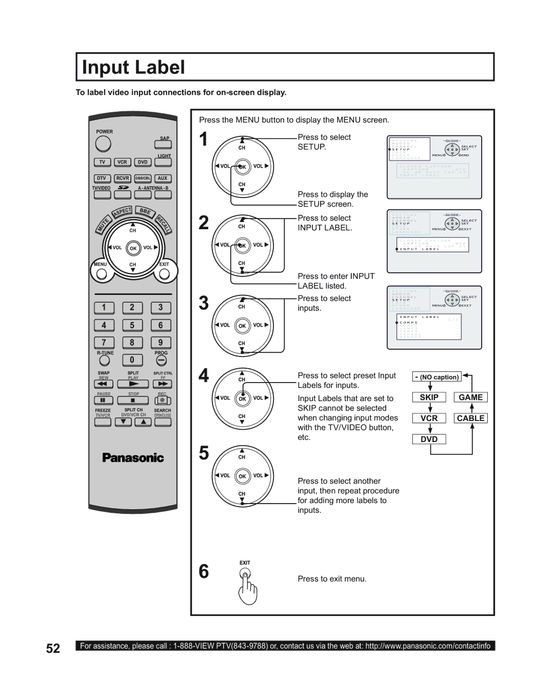 Panasonic PT-50LC14 manual Input Label, To label video input connections for on-screen display, Skip Game VCR Cable DVD 