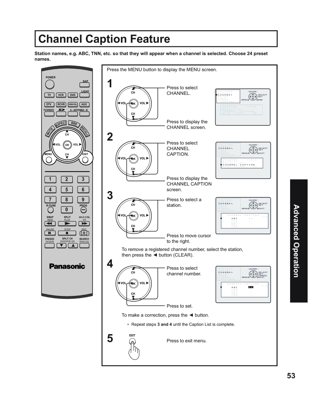 Panasonic PT-60LC14, PT-43LC14, PT-50LC14 manual Channel Caption Feature, Press to display Channel screen 