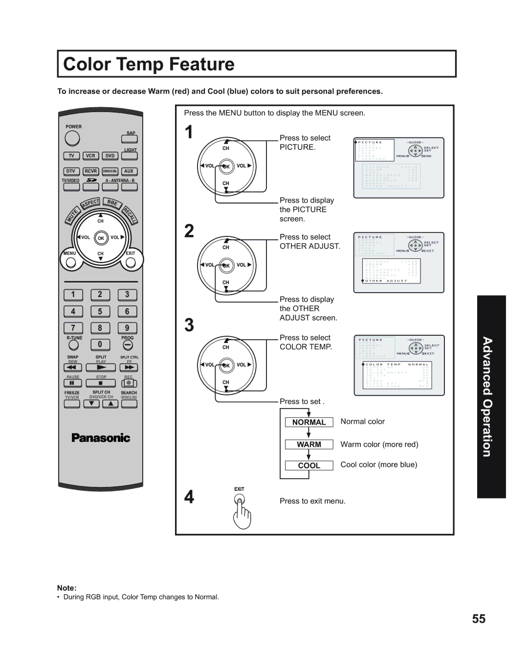 Panasonic PT-50LC14, PT-43LC14, PT-60LC14 manual Color Temp Feature, Other Adjust, Warm, Cool 