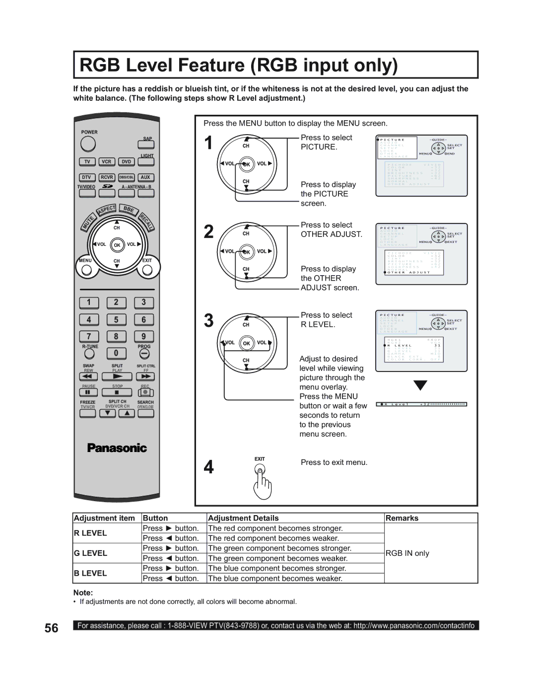 Panasonic PT-60LC14, PT-43LC14 manual RGB Level Feature RGB input only, Adjustment item Button Adjustment Details Remarks 