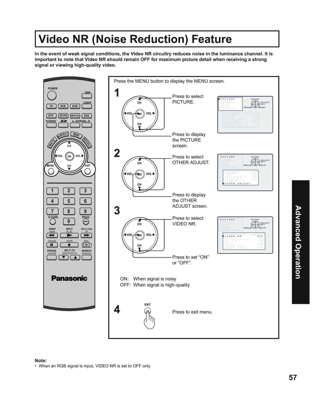 Panasonic PT-43LC14 manual Video NR Noise Reduction Feature, Off, Press to display the Picture screen Press to select 