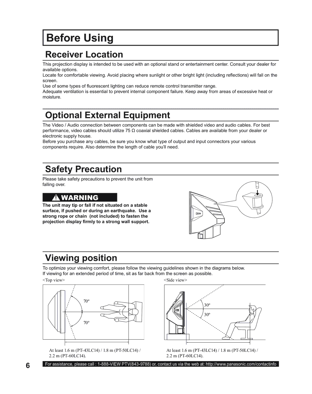 Panasonic PT-43LC14 Before Using, Receiver Location, Optional External Equipment, Safety Precaution, Viewing position 