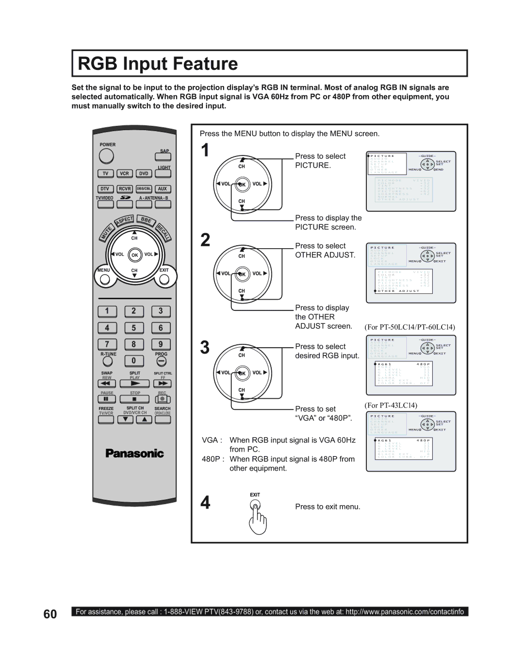 Panasonic PT-43LC14 RGB Input Feature, Press to display Picture screen, Press to display the Other, Desired RGB input 