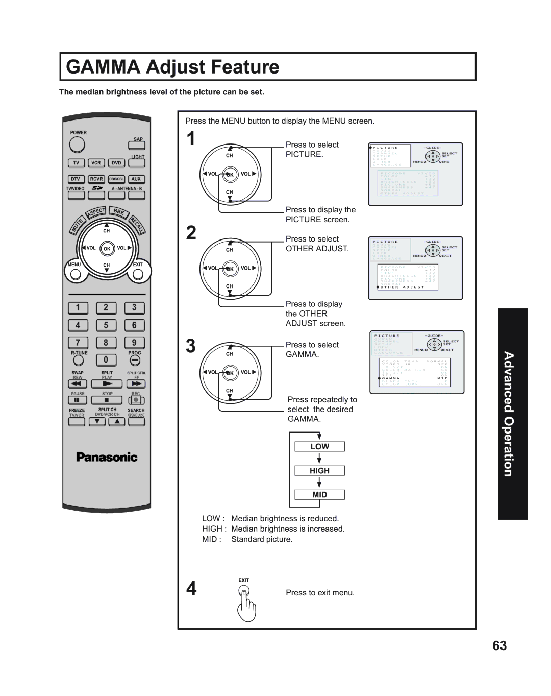 Panasonic PT-43LC14, PT-50LC14 manual Gamma Adjust Feature, Median brightness level of the picture can be set, LOW High MID 