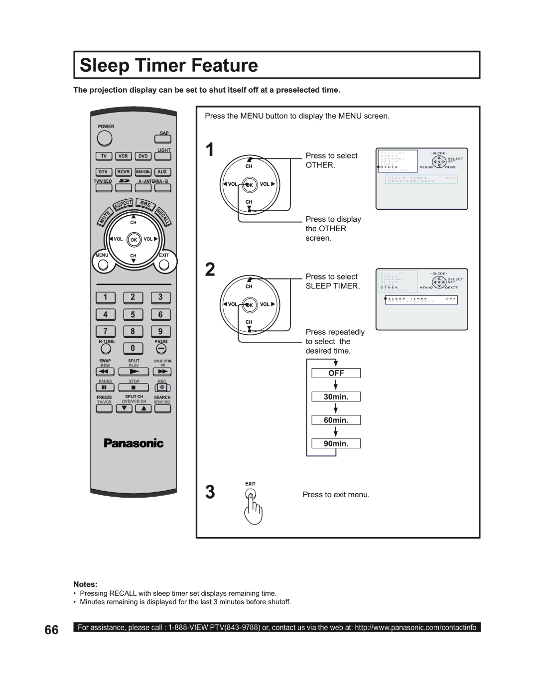 Panasonic PT-43LC14, PT-50LC14, PT-60LC14 manual Sleep Timer Feature, Other, Off, 30min 60min 90min 