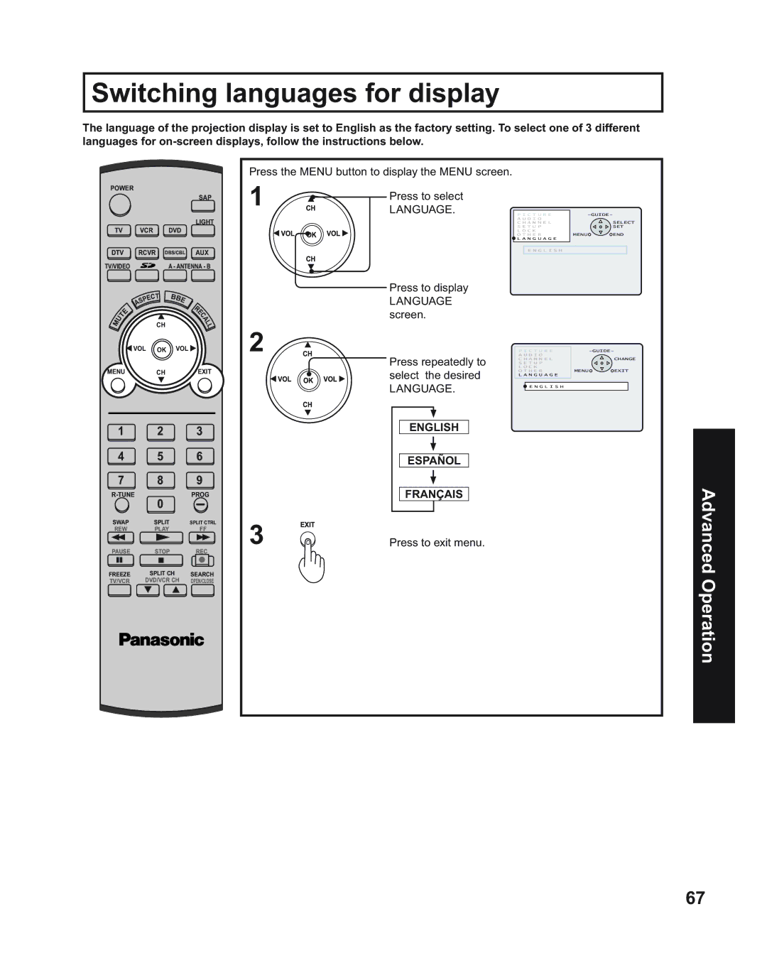 Panasonic PT-50LC14 manual Switching languages for display, Press to display Language screen, English Español Français 