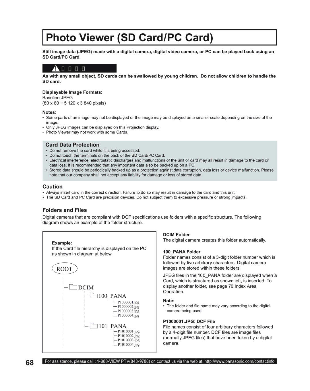 Panasonic PT-60LC14, PT-43LC14, PT-50LC14 manual Photo Viewer SD Card/PC Card, Card Data Protection, Folders and Files 