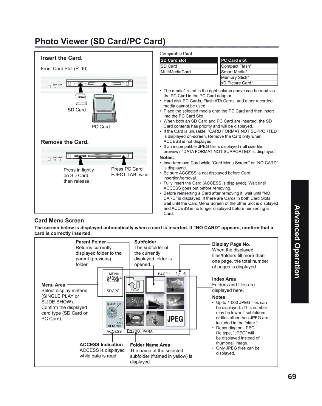 Panasonic PT-43LC14, PT-50LC14, PT-60LC14 Photo Viewer SD Card/PC Card, Insert the Card, Remove the Card, Card Menu Screen 