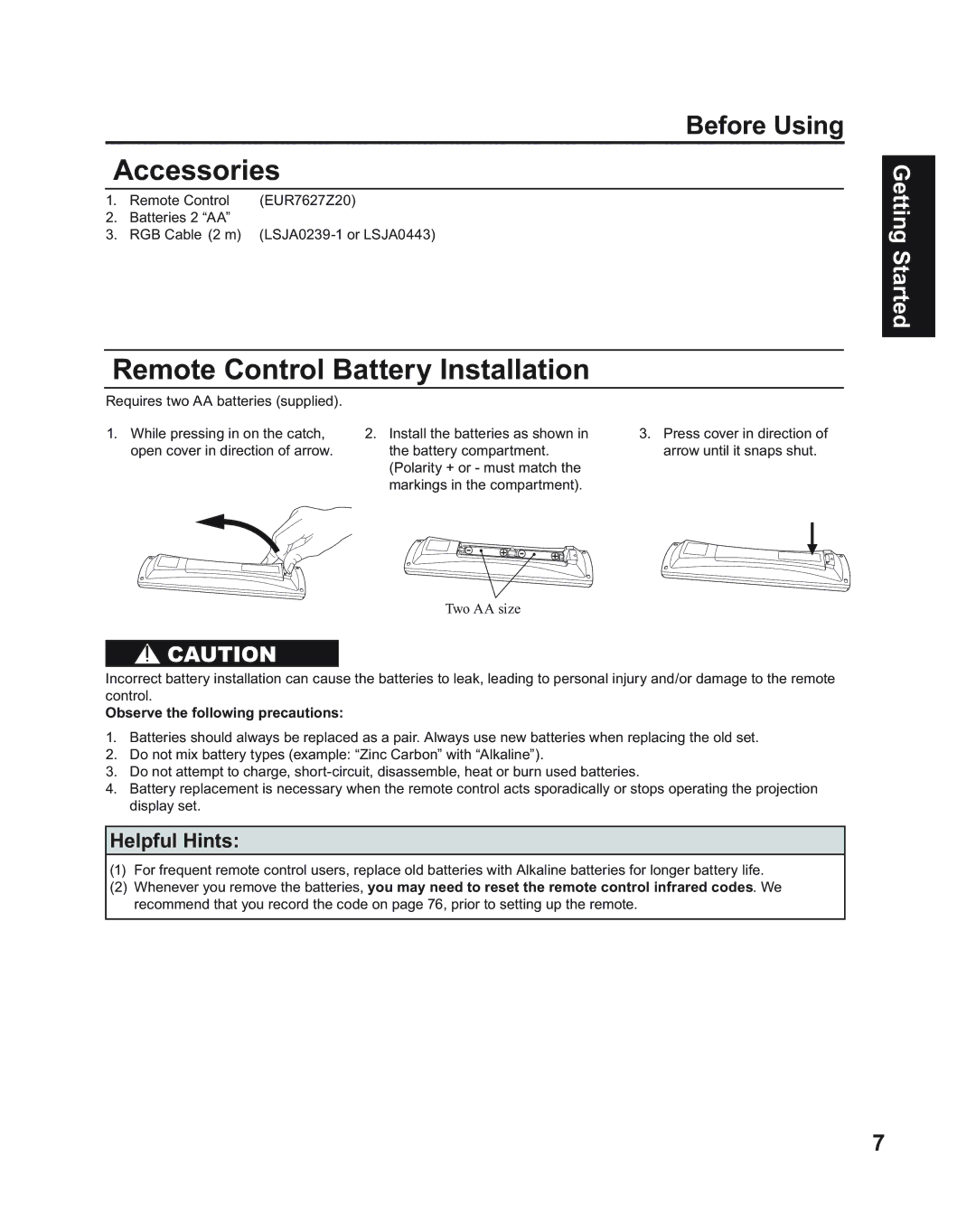 Panasonic PT-50LC14 Accessories, Remote Control Battery Installation, Before Using, Observe the following precautions 