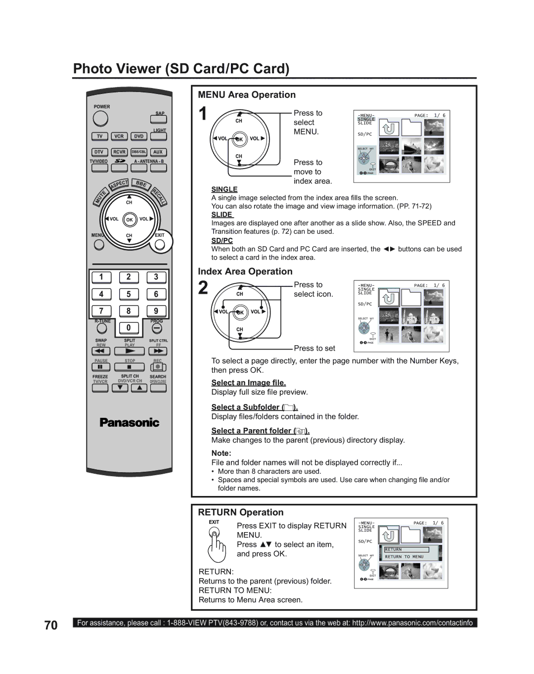 Panasonic PT-50LC14, PT-43LC14, PT-60LC14 manual Menu Area Operation, Index Area Operation, Return Operation 