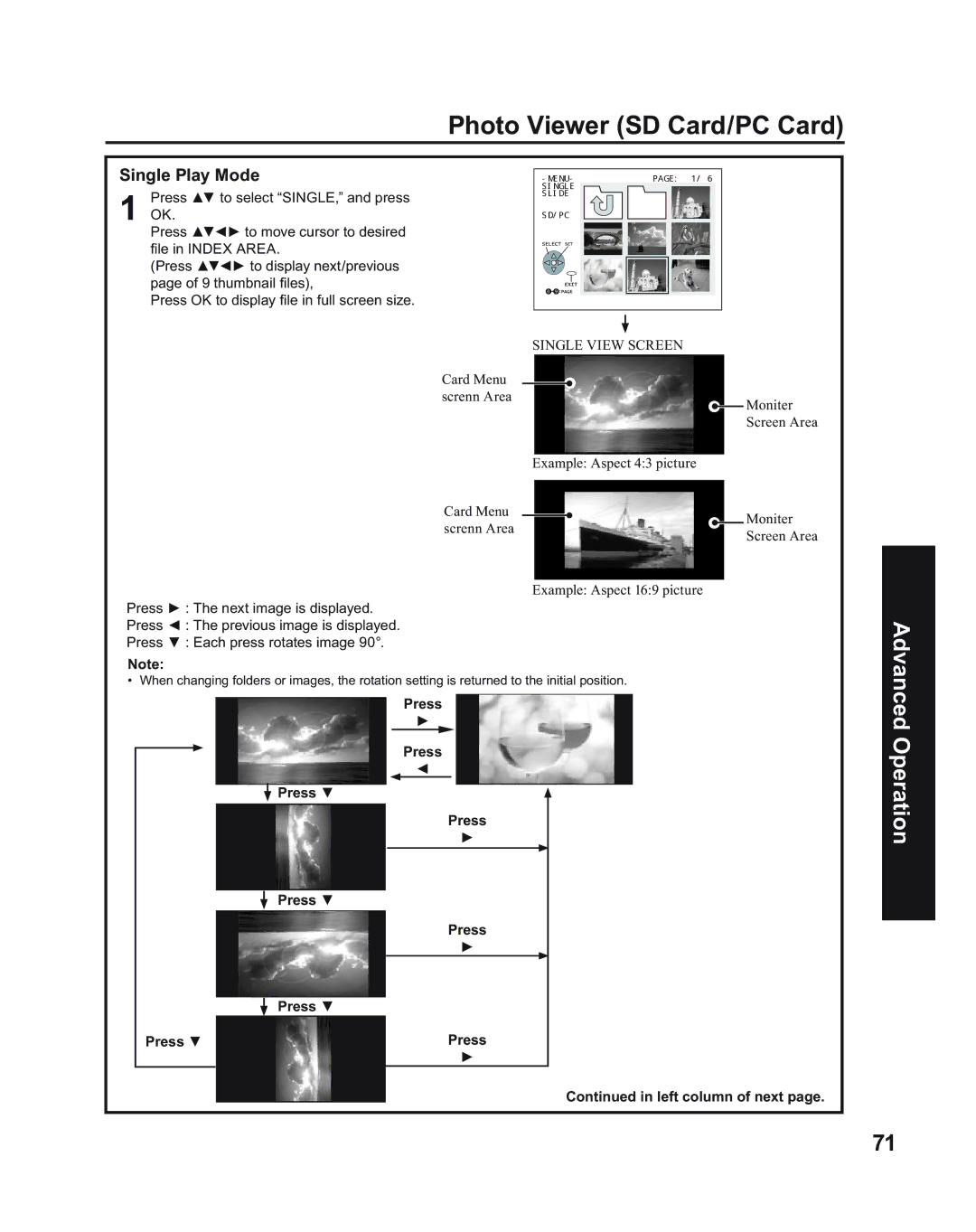 Panasonic PT-60LC14, PT-43LC14, PT-50LC14 manual Single Play Mode, Press ź, Left column of next 