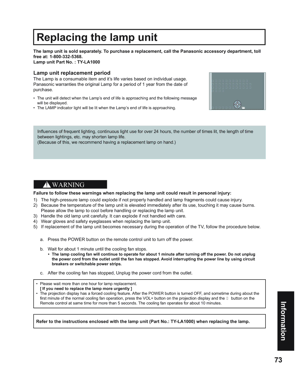 Panasonic PT-50LC14, PT-43LC14, PT-60LC14 manual Replacing the lamp unit, Lamp unit replacement period 