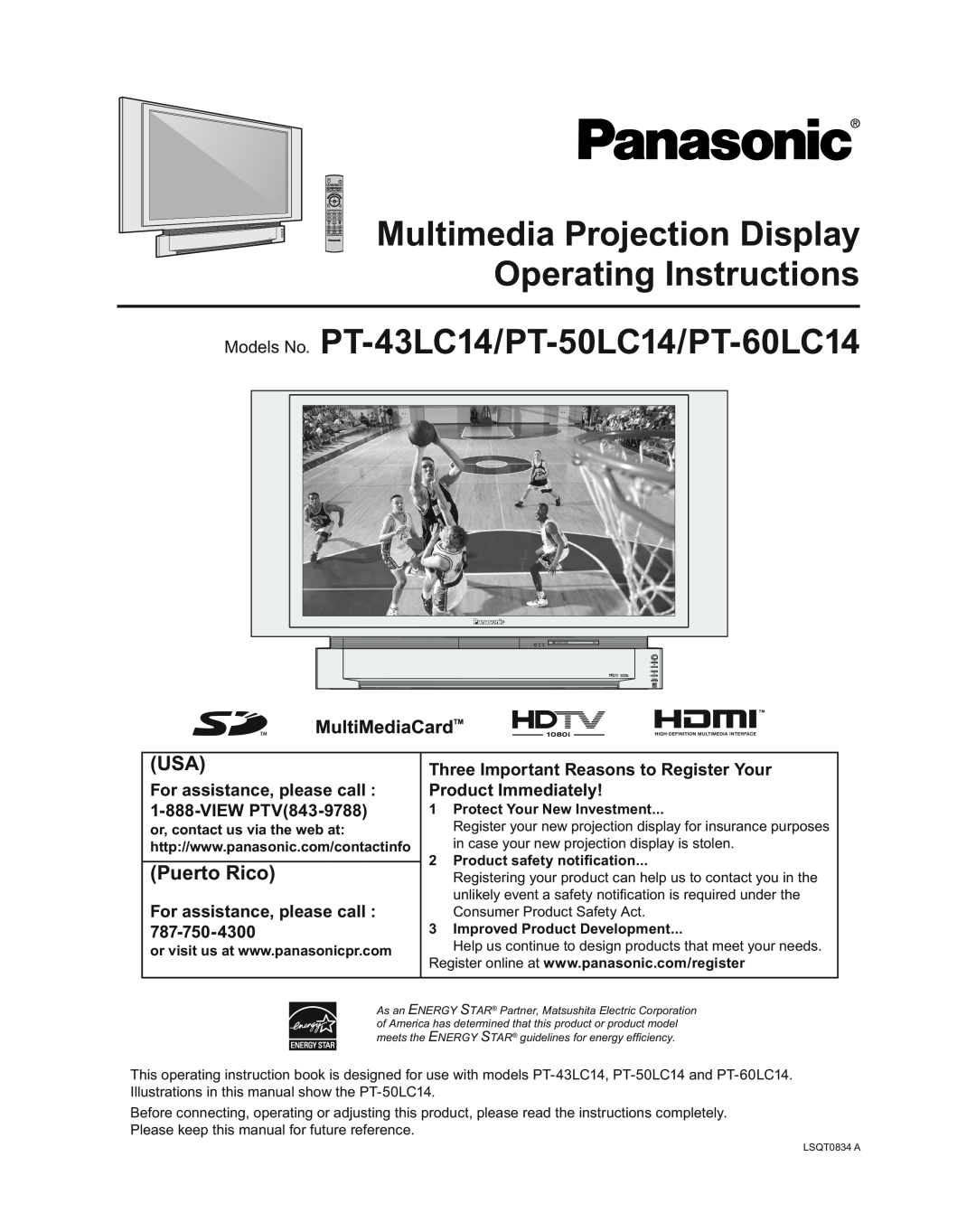Panasonic PT-50LC14, PT-43LC14, PT-60LC14 manual Puerto Rico, Models No, For assistance, please call 1-888-VIEW PTV843-9788 