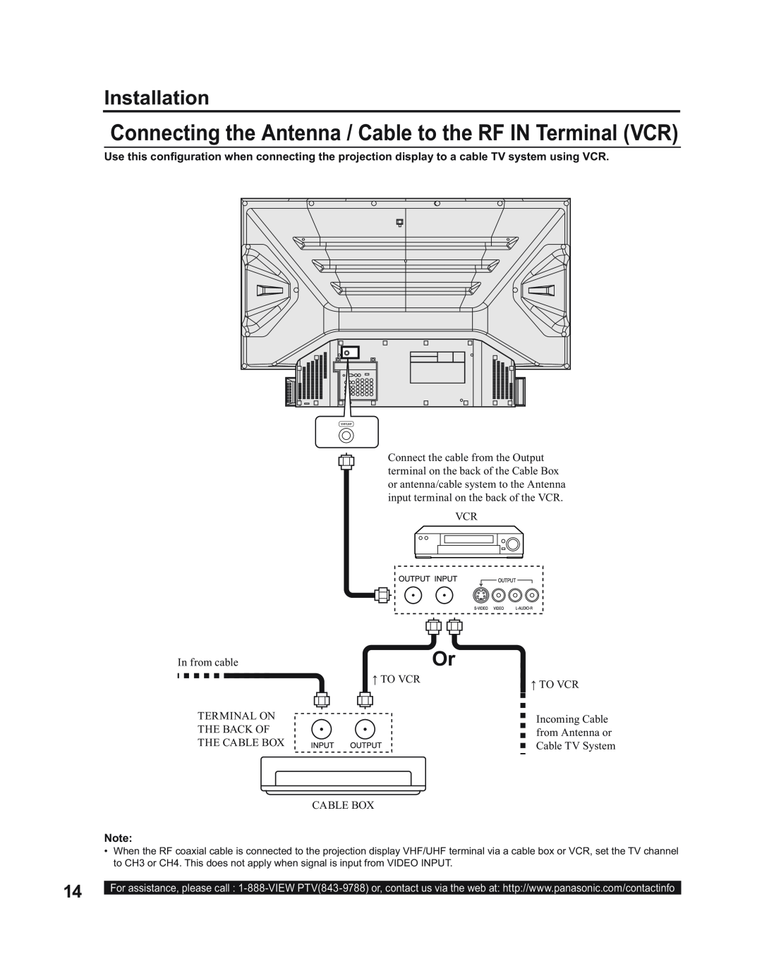 Panasonic PT-60LC14, PT-43LC14, PT-50LC14 manual Connecting the Antenna / Cable to the RF IN Terminal VCR, Installation 