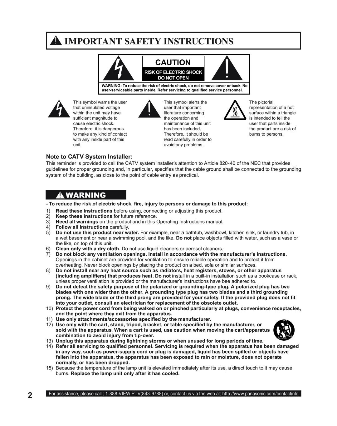 Panasonic PT-60LC14 Important Safety Instructions, Note to CATV System Installer, $87,21, 5,6.2/&75,&6+2, 2127231 