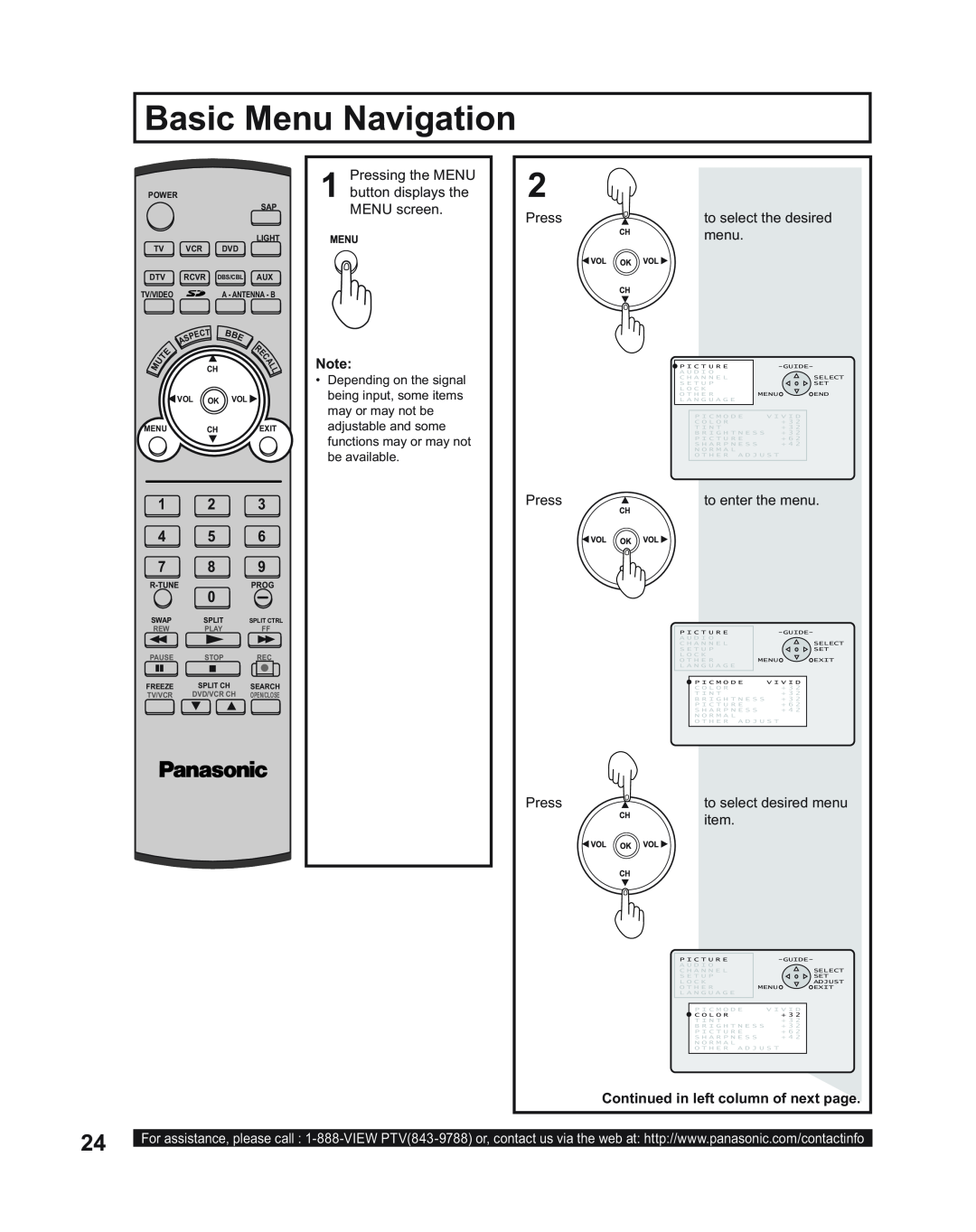 Panasonic PT-43LC14 Basic Menu Navigation, Continued in left column of next page, Depending on the signal, be available 