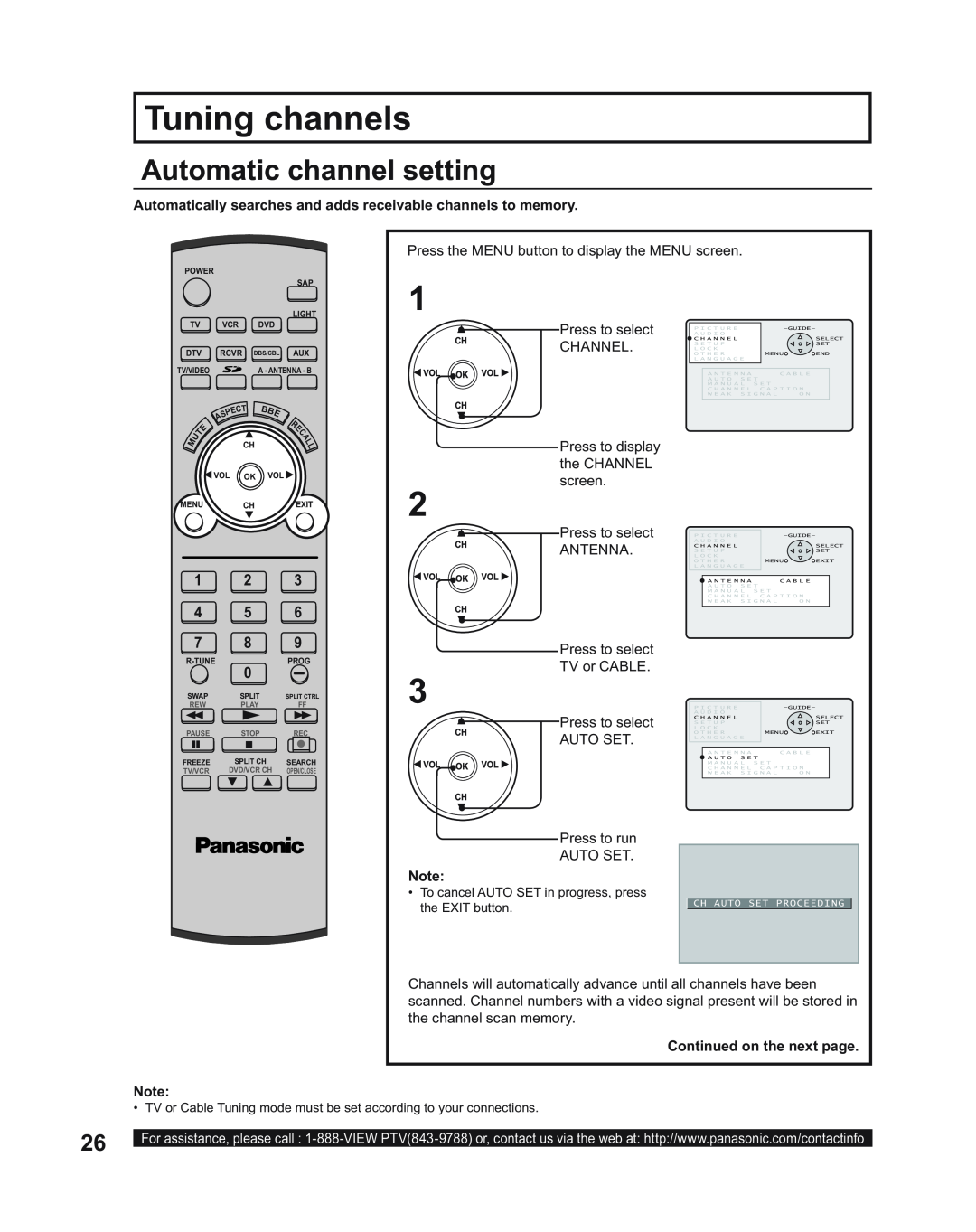 Panasonic PT-60LC14 Tuning channels, Automatic channel setting, Continued on the next page, Ch Auto Set Proceeding, R-Tune 