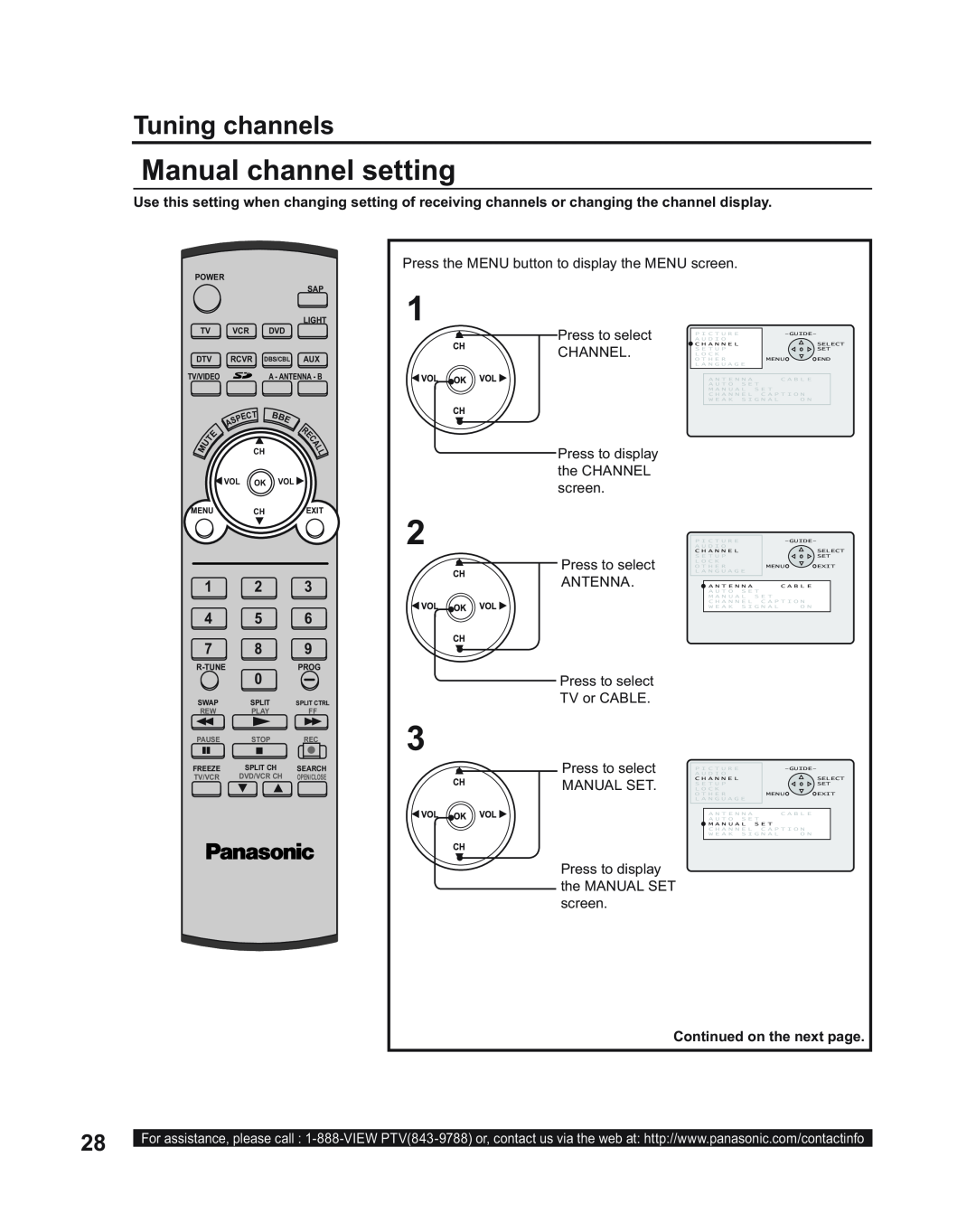 Panasonic PT-50LC14, PT-43LC14, PT-60LC14 manual Manual channel setting, Tuning channels, Continued on the next page 