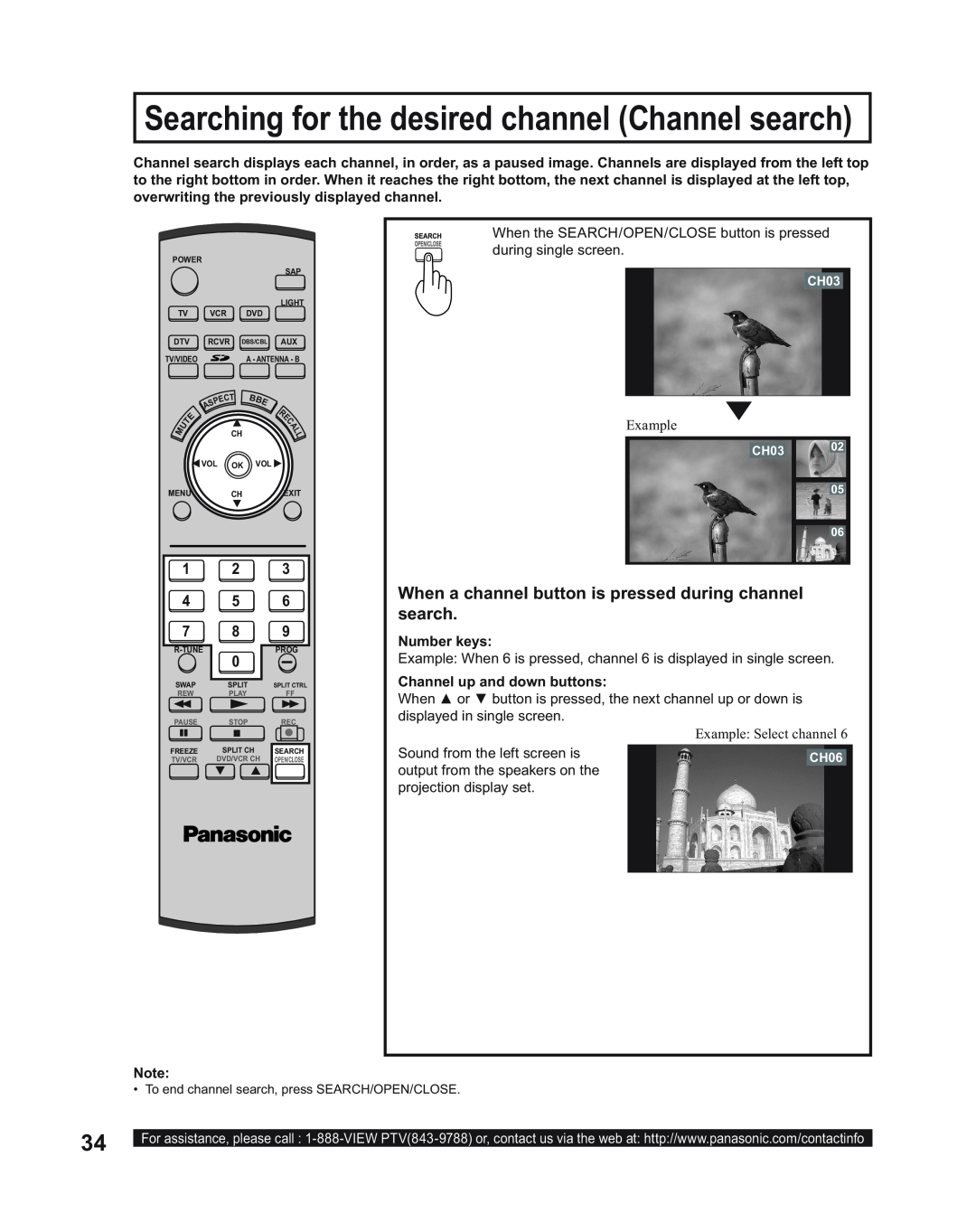 Panasonic PT-50LC14 When a channel button is pressed during channel search, Number keys, Example Select channel,   