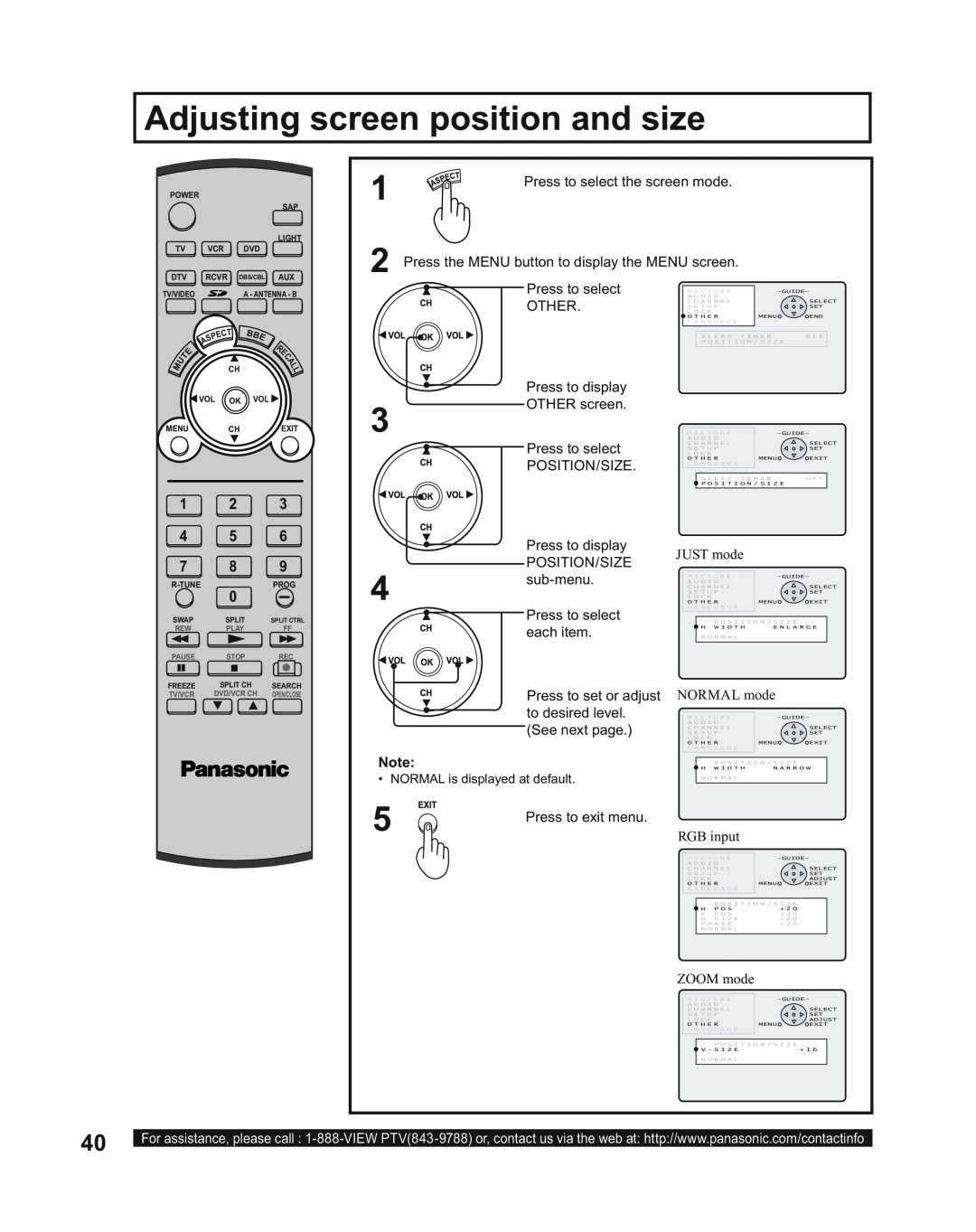 Panasonic PT-50LC14, PT-43LC14, PT-60LC14 Adjusting, screen position and size, JUST mode, NORMAL mode, RGB input, ZOOM mode 