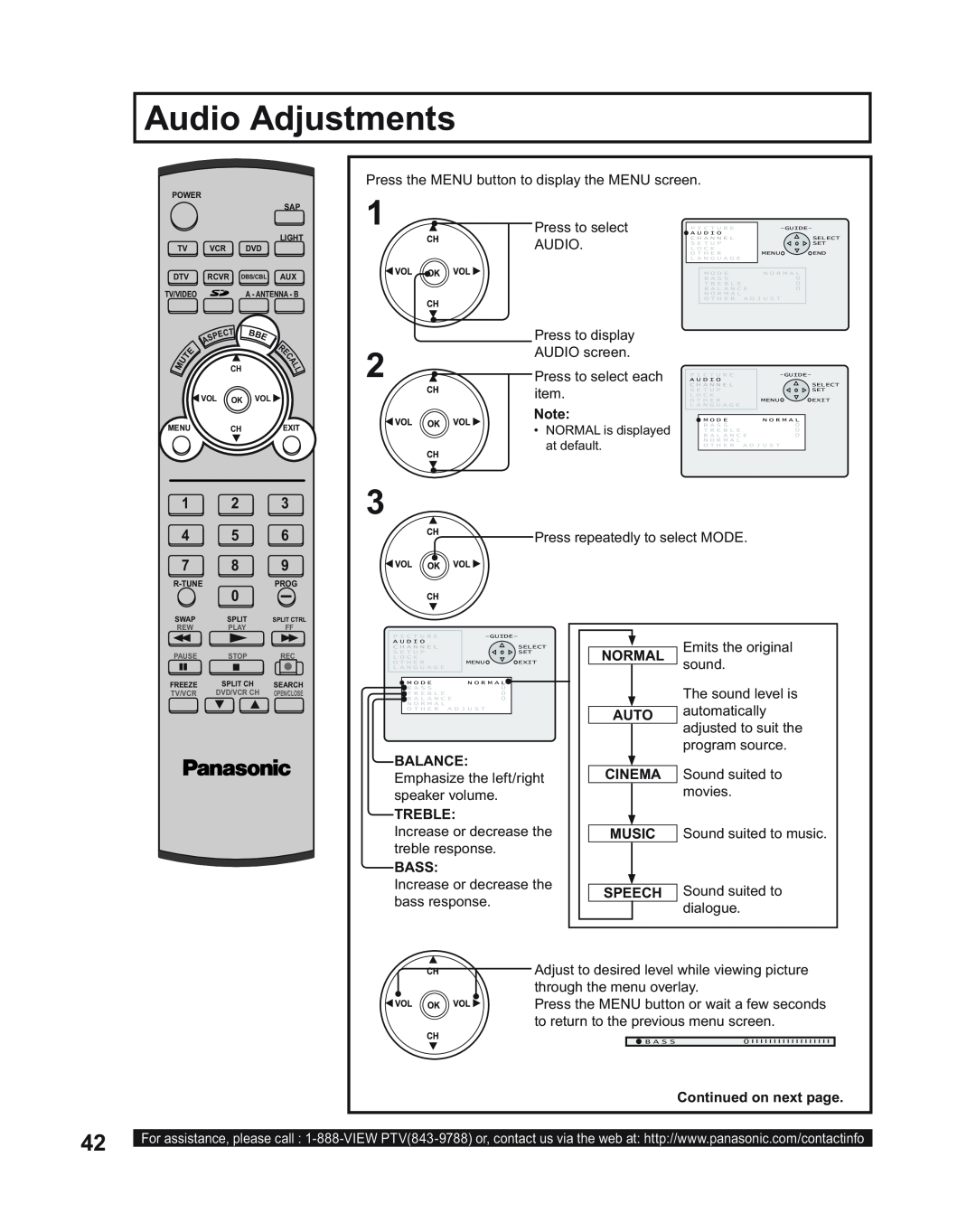 Panasonic PT-43LC14 Audio Adjustments, Normal, Auto, Balance, Cinema, Treble, Music, Bass, Speech, Continued on next page 