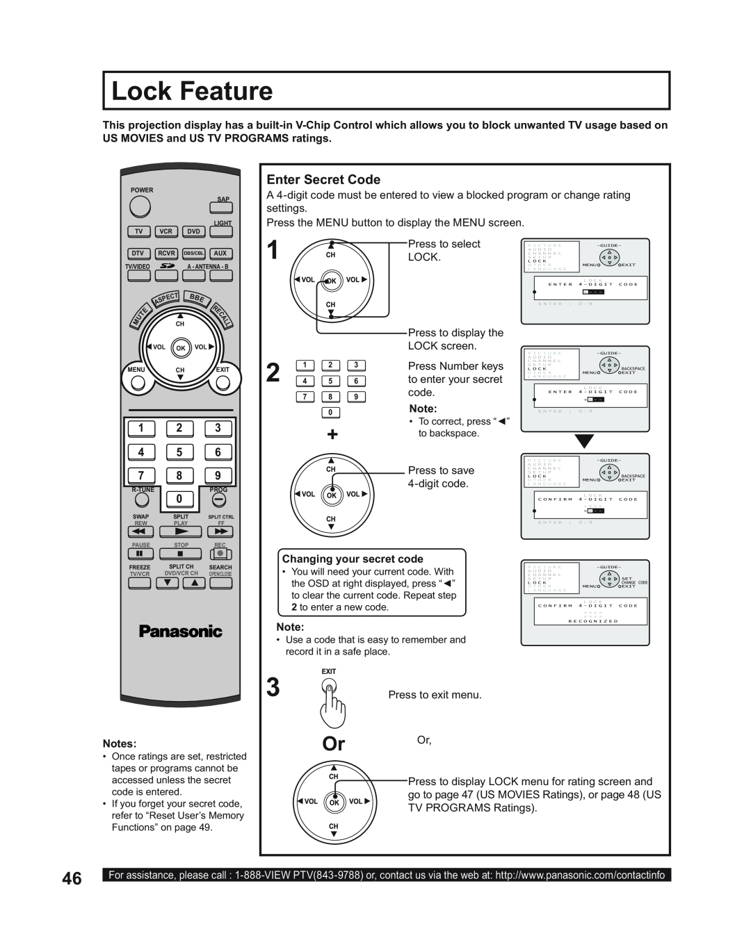 Panasonic PT-50LC14 Lock Feature, Or Or, Enter Secret Code, Press to display the, LOCK screen, Press Number keys, code 