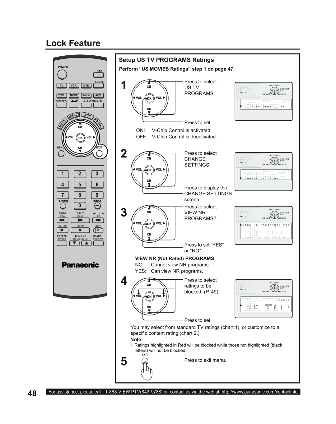 Panasonic PT-43LC14, PT-50LC14, PT-60LC14 Setup US TV PROGRAMS Ratings, Lock Feature, Perform “US MOVIES Ratings” on page 