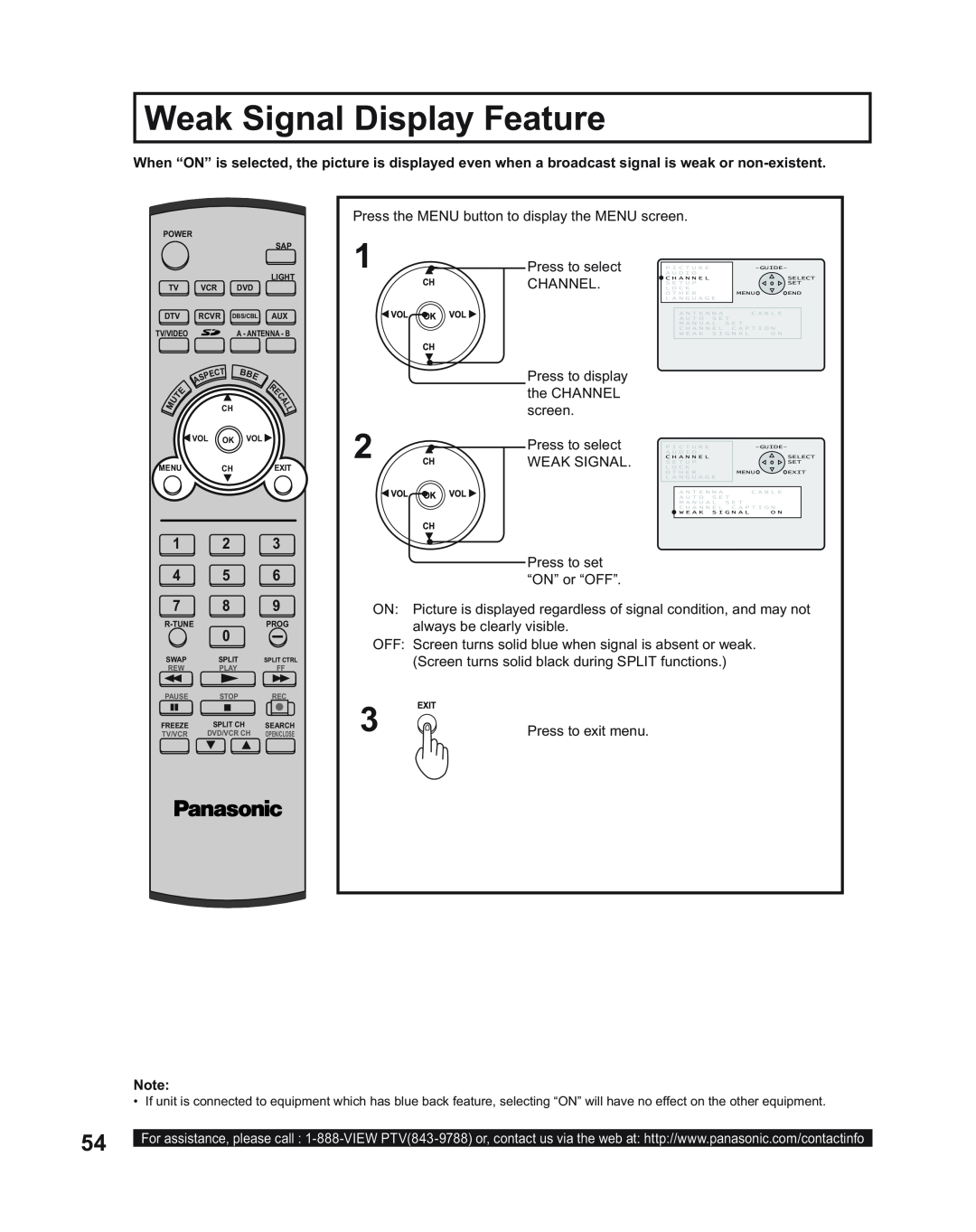 Panasonic PT-43LC14, PT-50LC14, PT-60LC14 manual Weak Signal Display Feature 