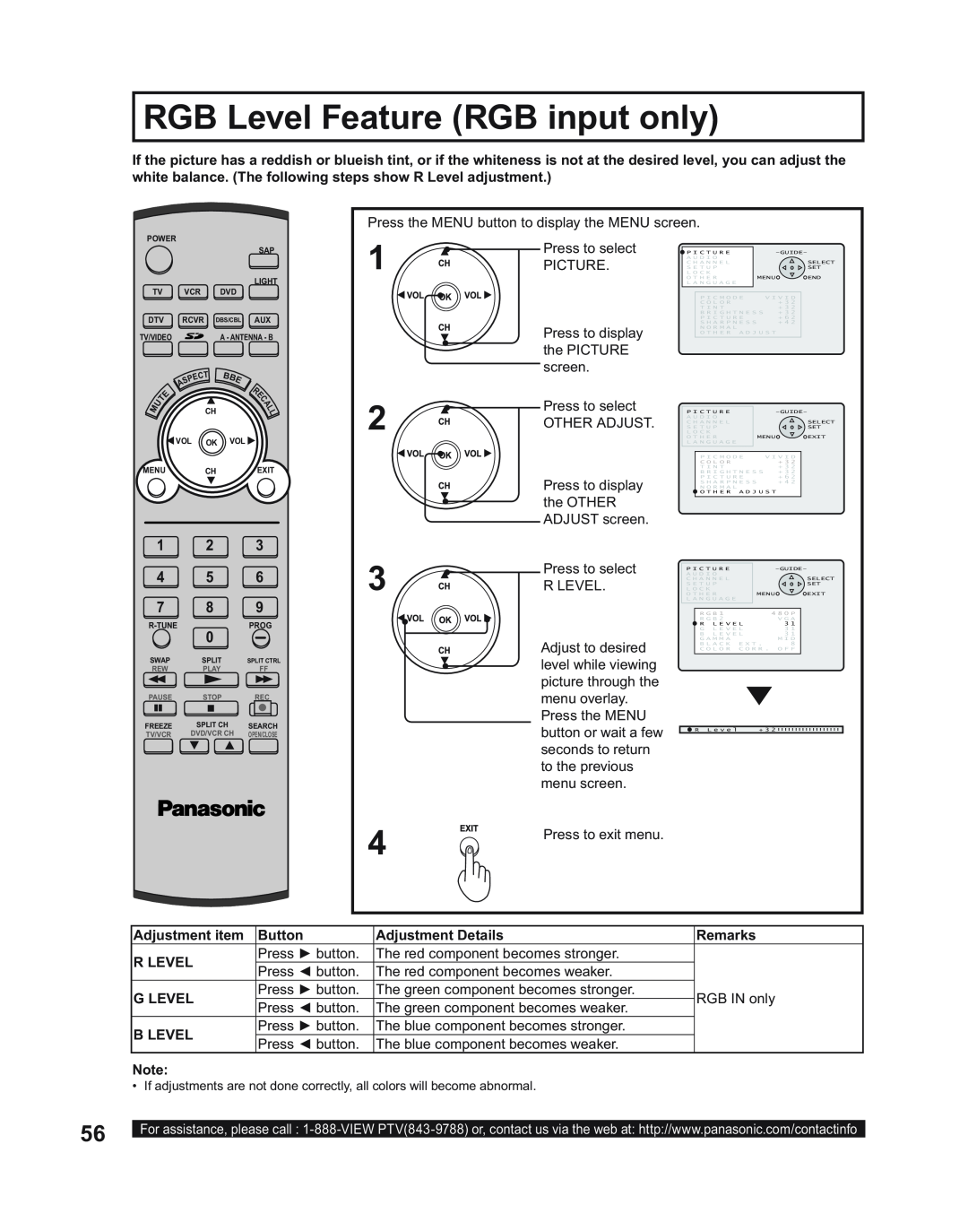 Panasonic PT-60LC14 manual RGB Level Feature RGB input only, Adjustment item, Button, Adjustment Details, Remarks, R Level 