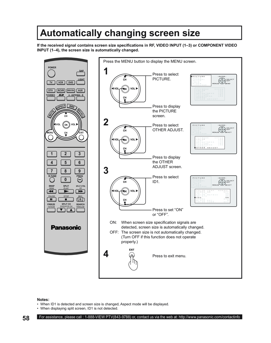 Panasonic PT-50LC14, PT-43LC14 manual Automatically changing screen size, When displaying split screen, ID1 is not detected 