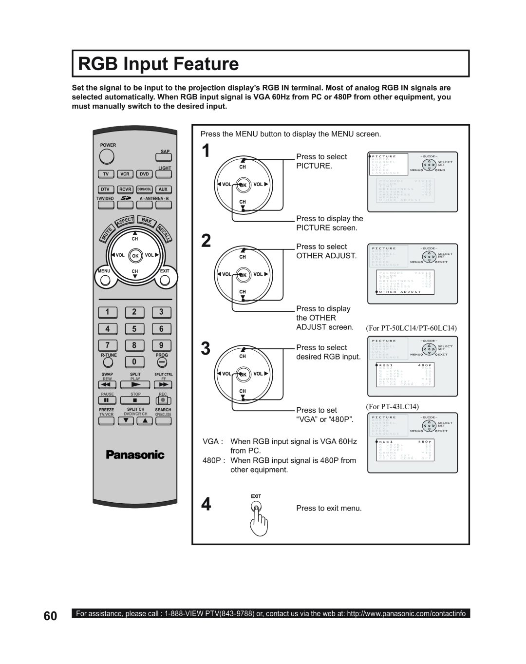 Panasonic manual RGB Input Feature, ADJUST screen. For PT-50LC14/PT-60LC14, For PT-43LC14 