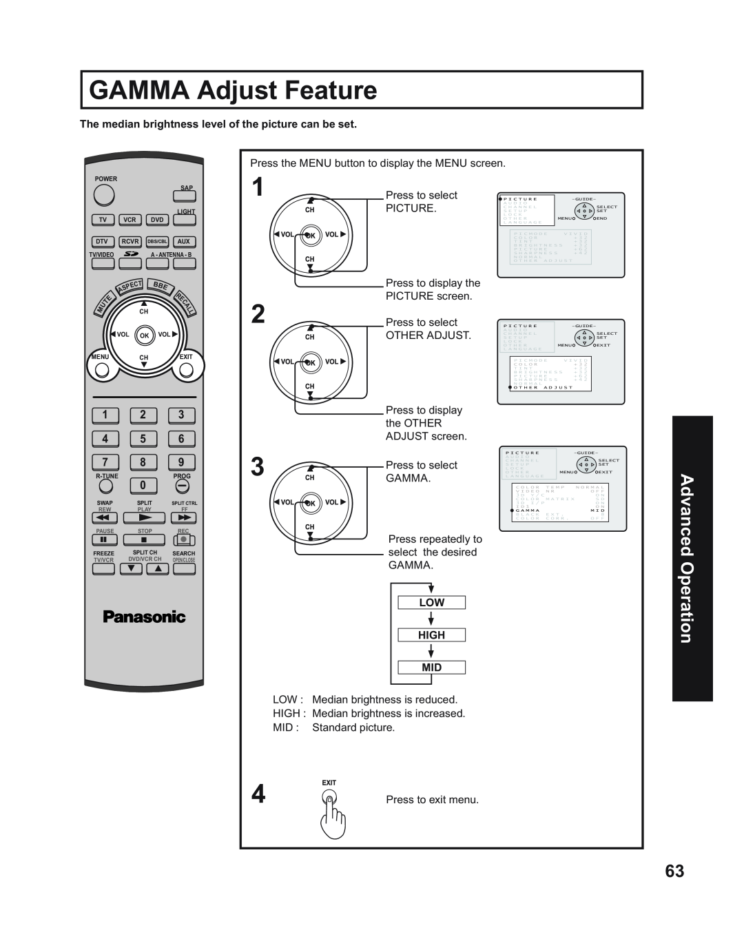 Panasonic PT-43LC14 manual GAMMA Adjust Feature, Advanced Operation, The median brightness level of the picture can be set 