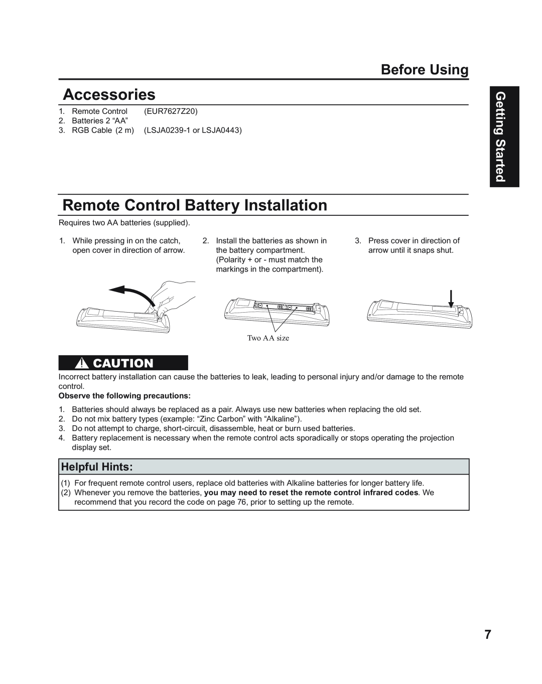 Panasonic PT-50LC14 manual Accessories, Remote Control Battery Installation, Before Using, Helpful Hints, Getting Started 