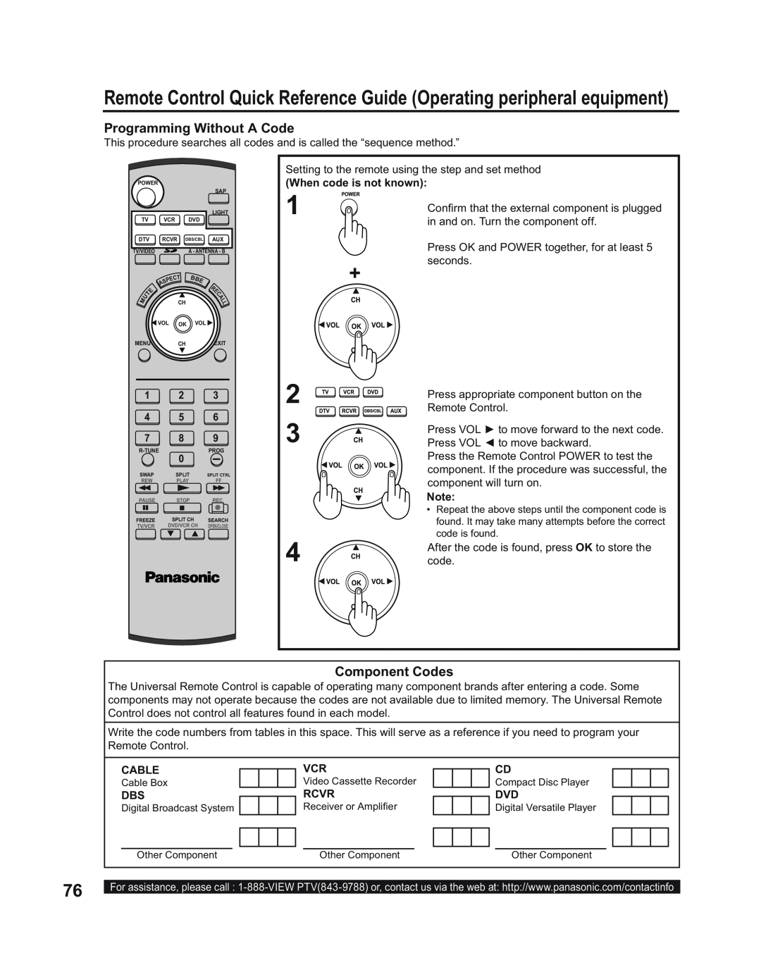 Panasonic PT-50LC14, PT-43LC14, PT-60LC14 Programming Without A Code, Component Codes, When code is not known, Cable, Rcvr 