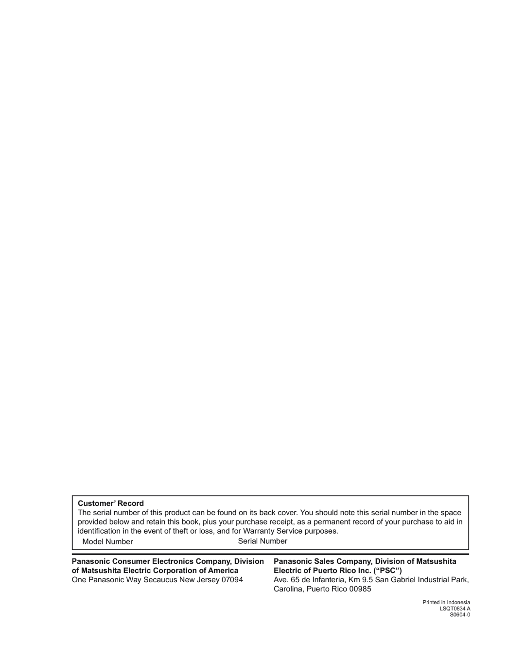 Panasonic PT-50LC14 Customer’ Record, Panasonic Consumer Electronics Company, Division, Electric of Puerto Rico Inc. “PSC” 