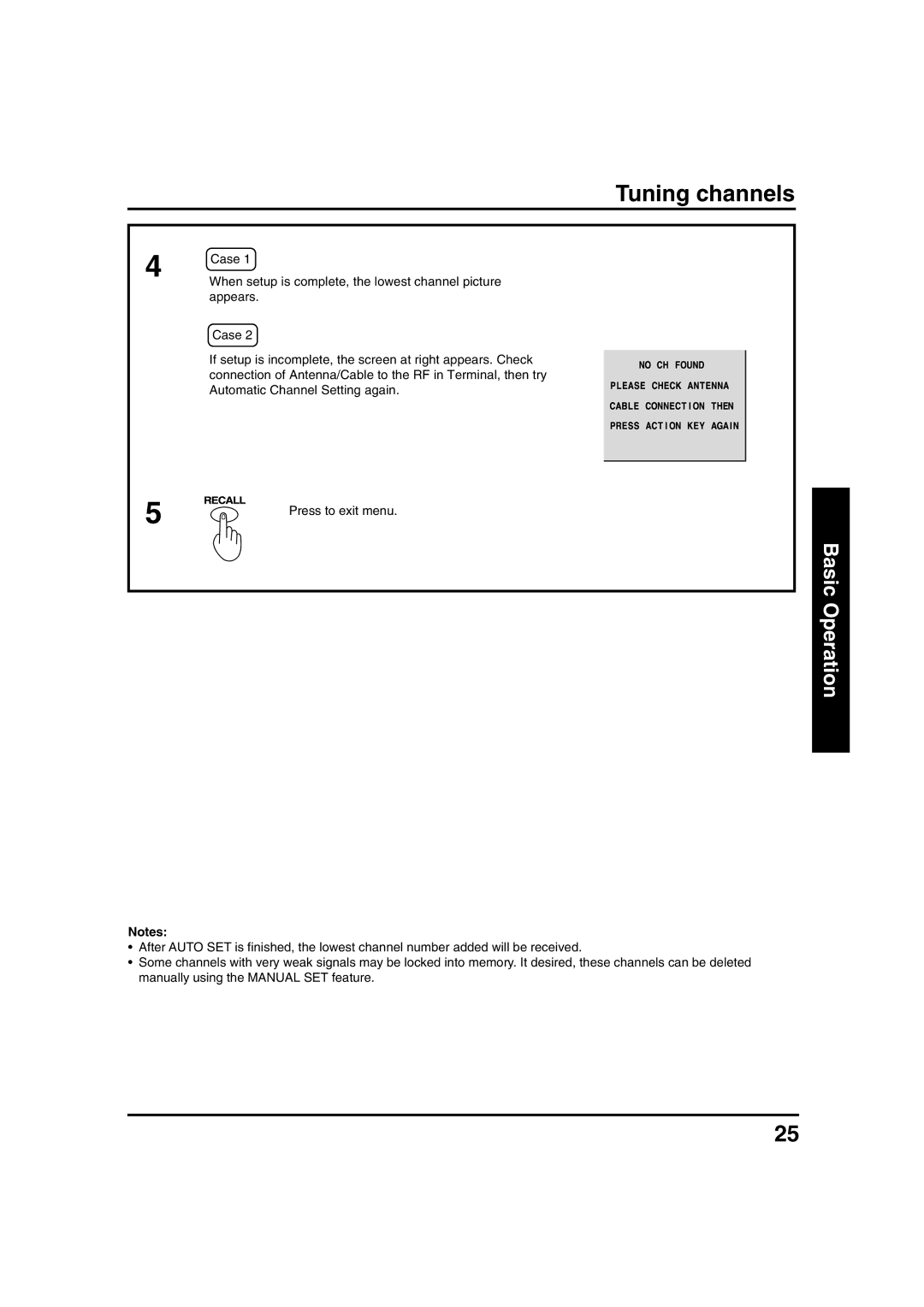 Panasonic PT 40LC12, PT 45LC12 manual Nochfound, Tuning channels, Press to exit menu 