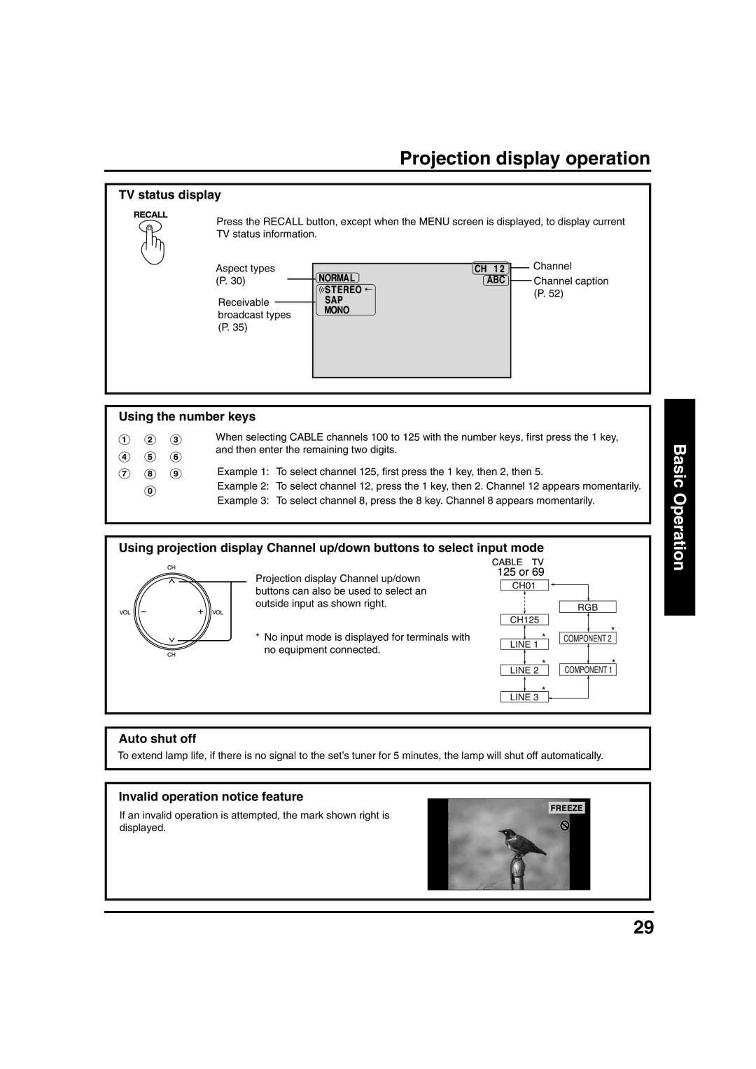 Panasonic PT 40LC12, PT 45LC12 manual Projection display operation, TV status display, Using the number keys, Auto shut off 