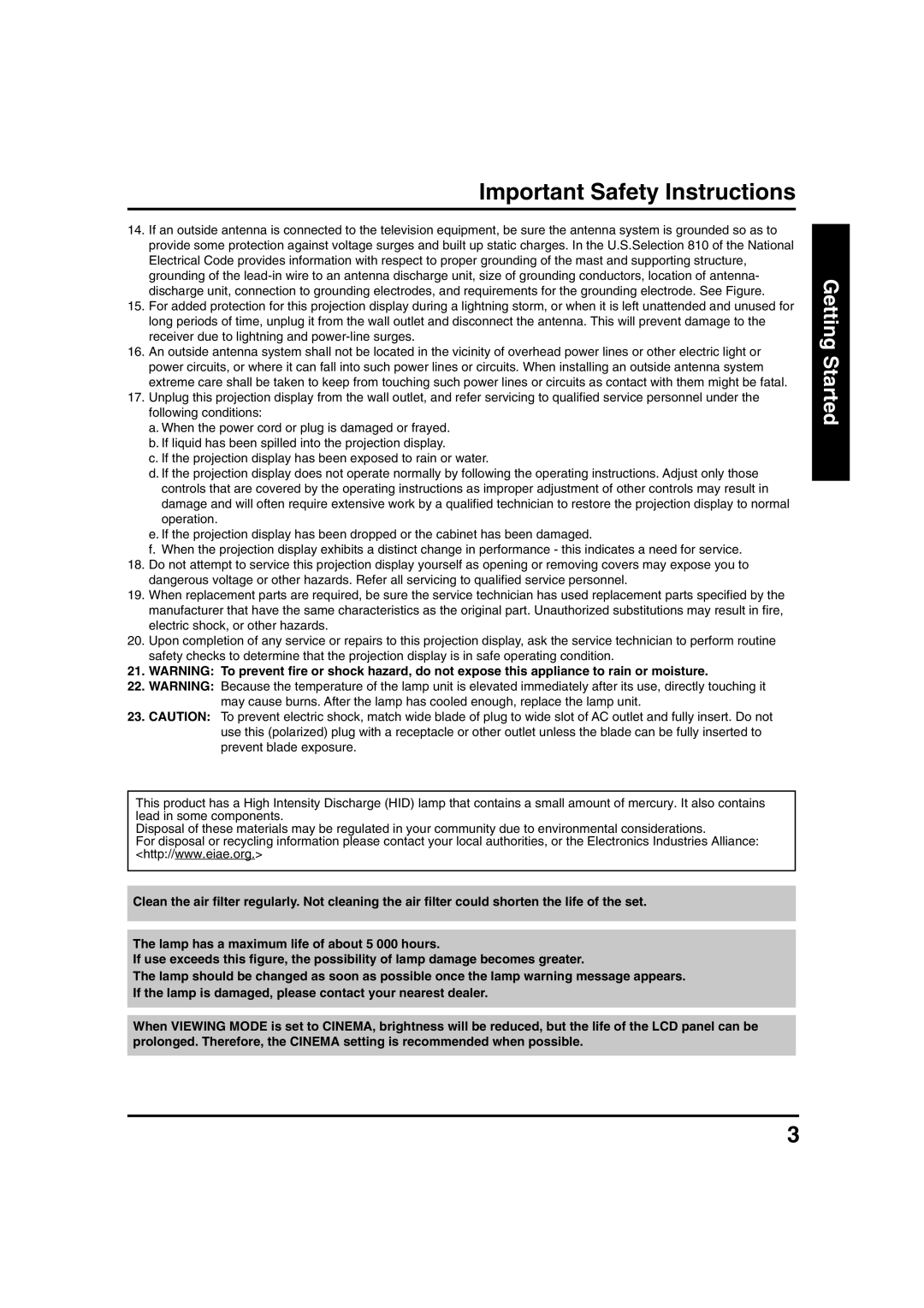 Panasonic PT 40LC12, PT 45LC12 manual Important Safety Instructions 