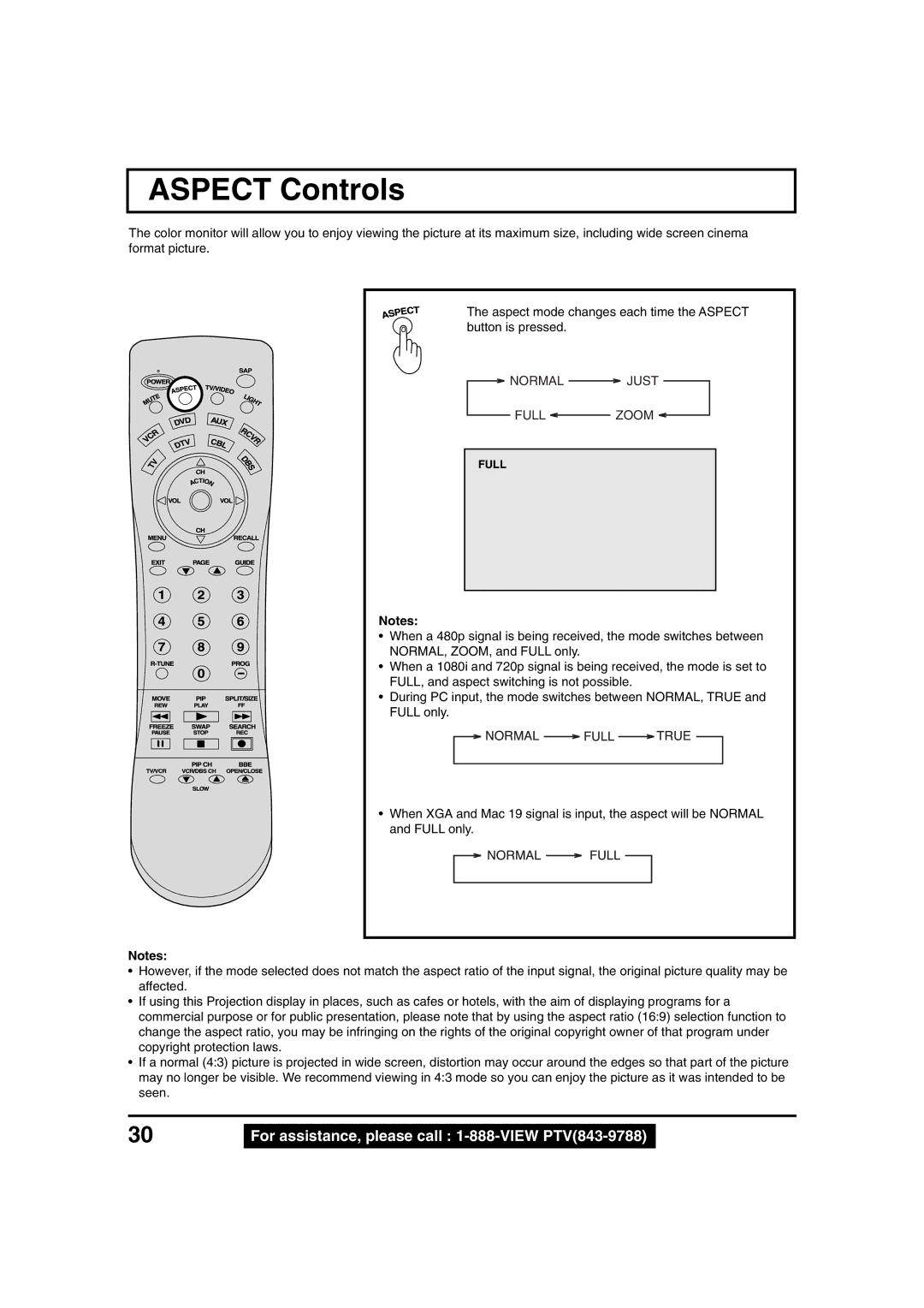 Panasonic PT 45LC12, PT 40LC12 manual Aspect Controls, Full only, During PC input, the mode switches between no MAL, True 