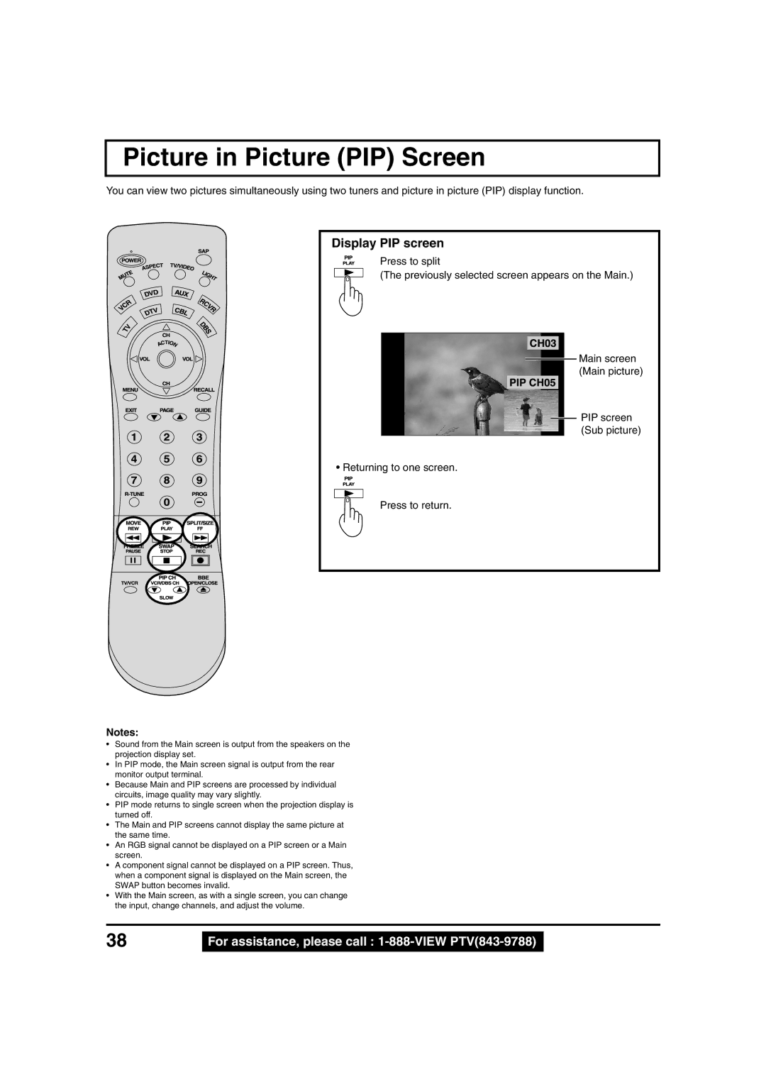 Panasonic PT 45LC12, PT 40LC12 manual Picture in Picture PIP Screen, Display PIP screen 