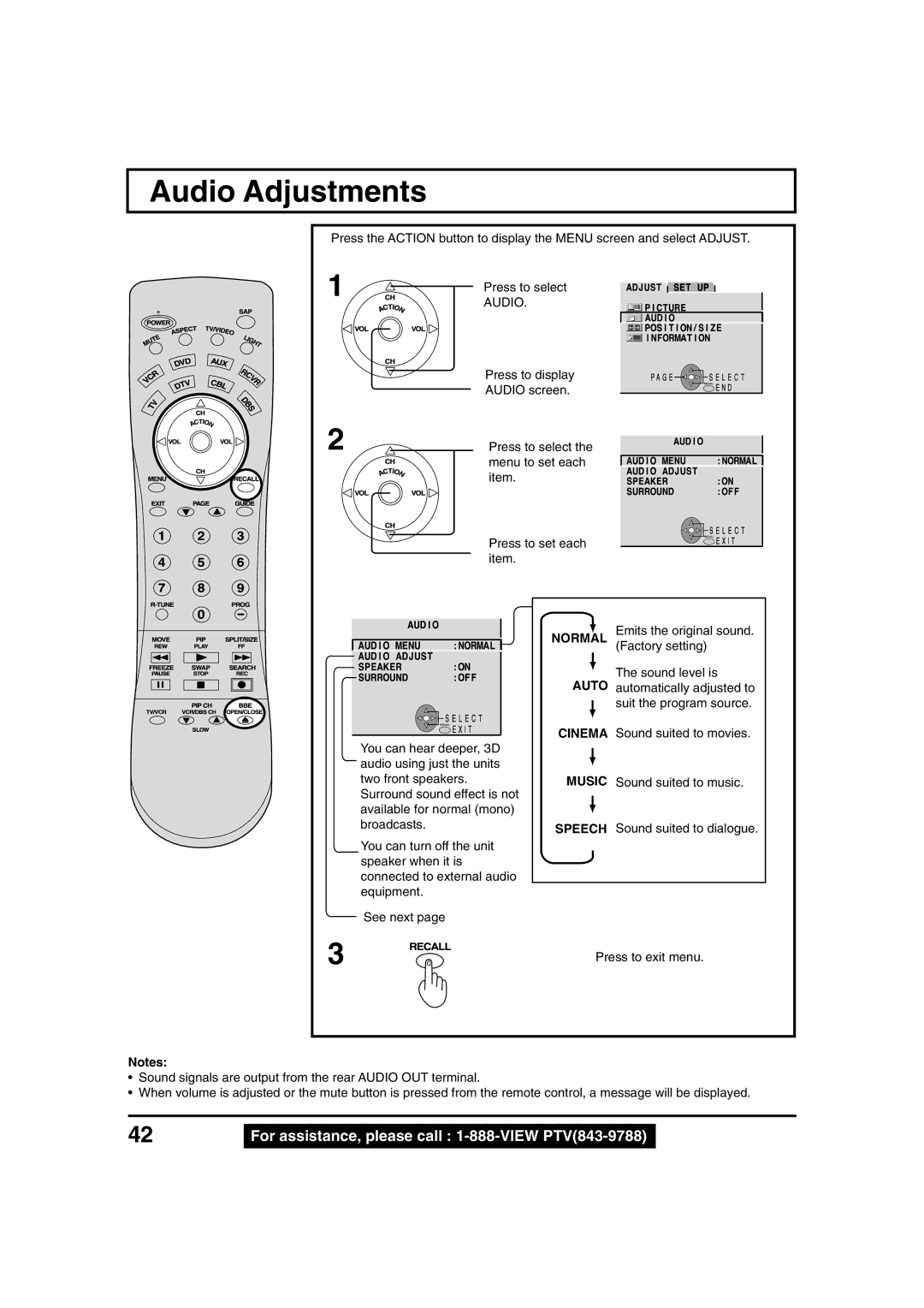 Panasonic PT 45LC12, PT 40LC12 manual Audio Adjustments, Auto, Speech 