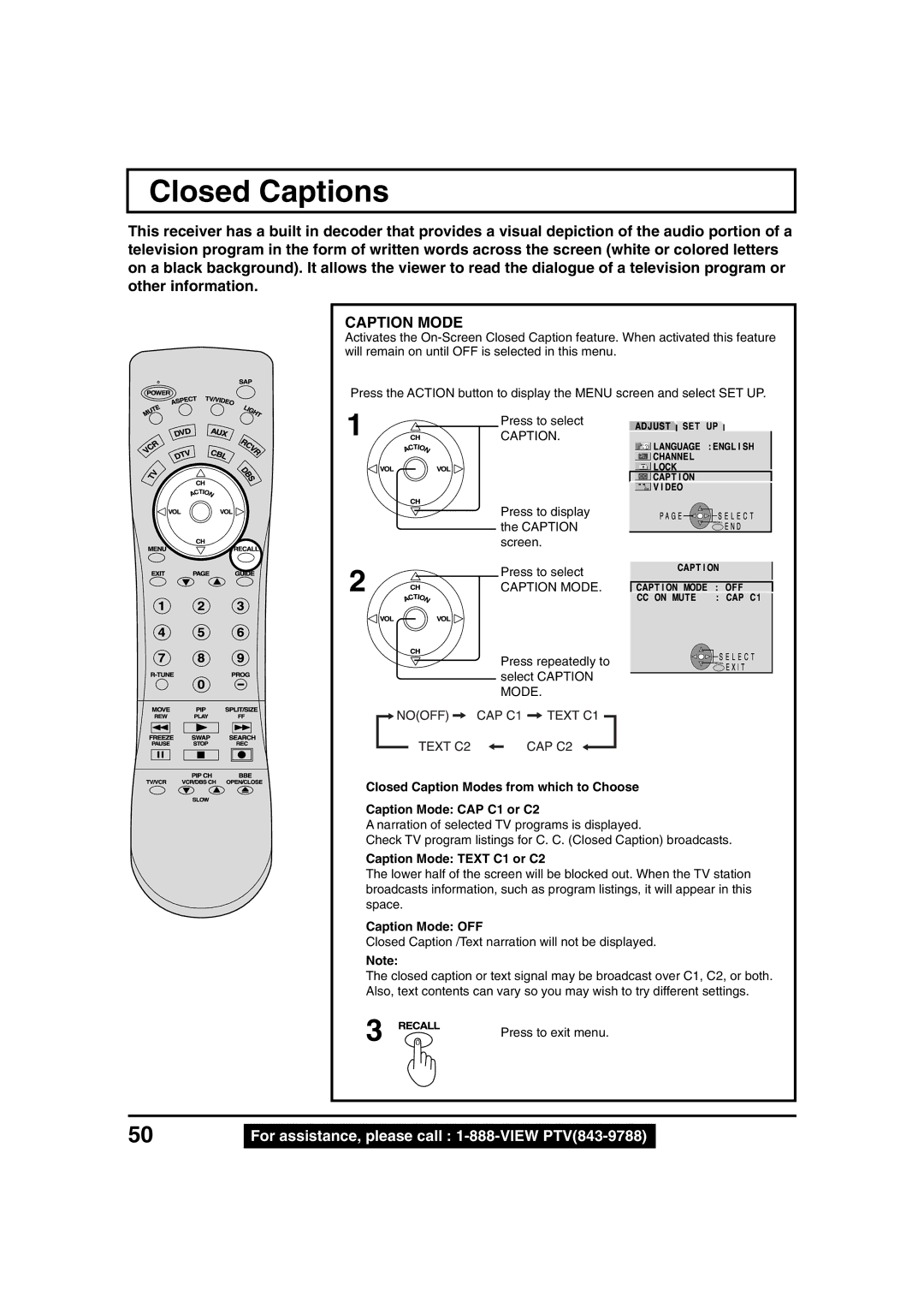 Panasonic PT 45LC12, PT 40LC12 manual Closed Captions, Screen Press to select 