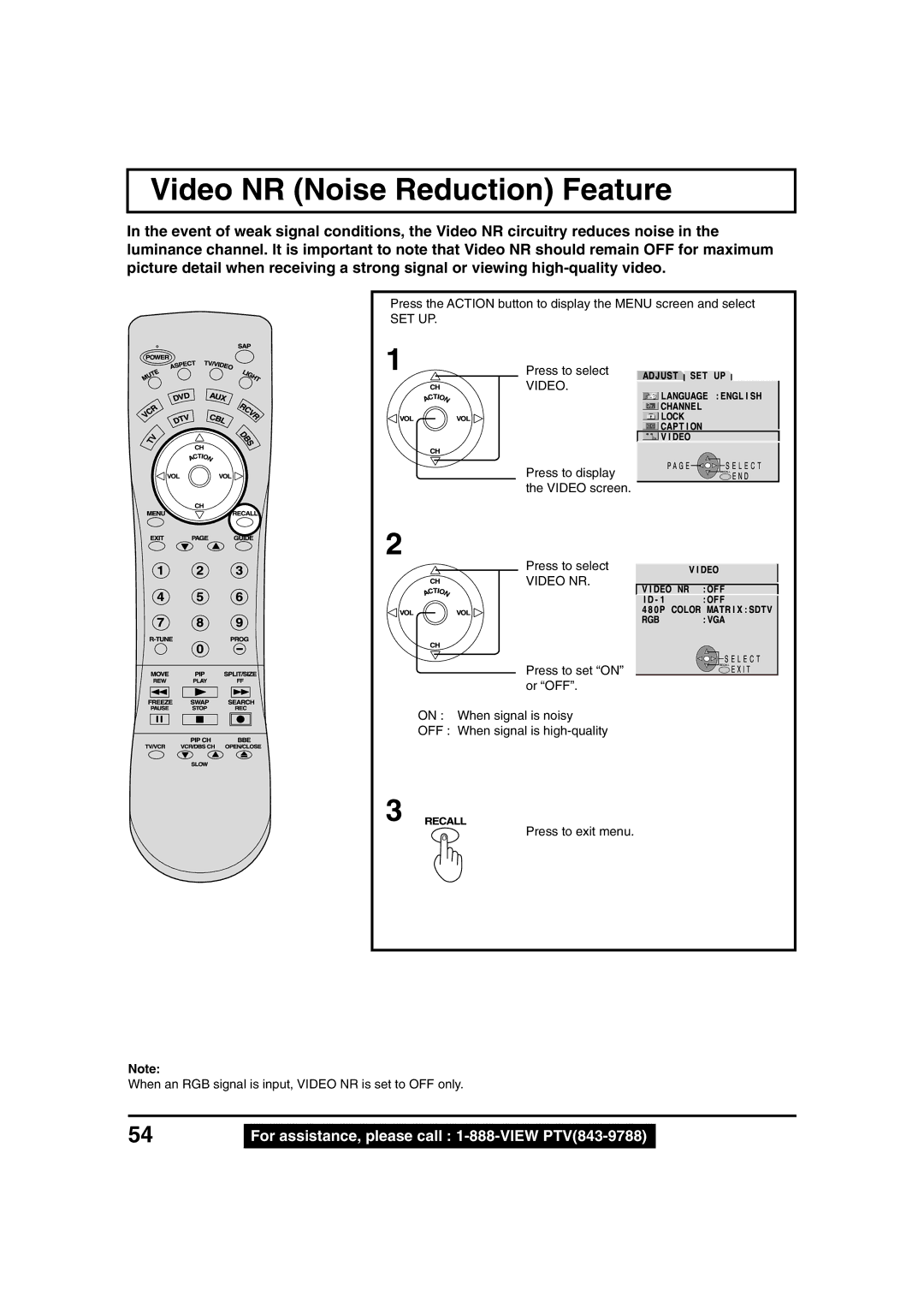 Panasonic PT 45LC12 manual Rgb Vga, Video NR Noise Reduction Feature, Press to display Video screen, Press to set on 