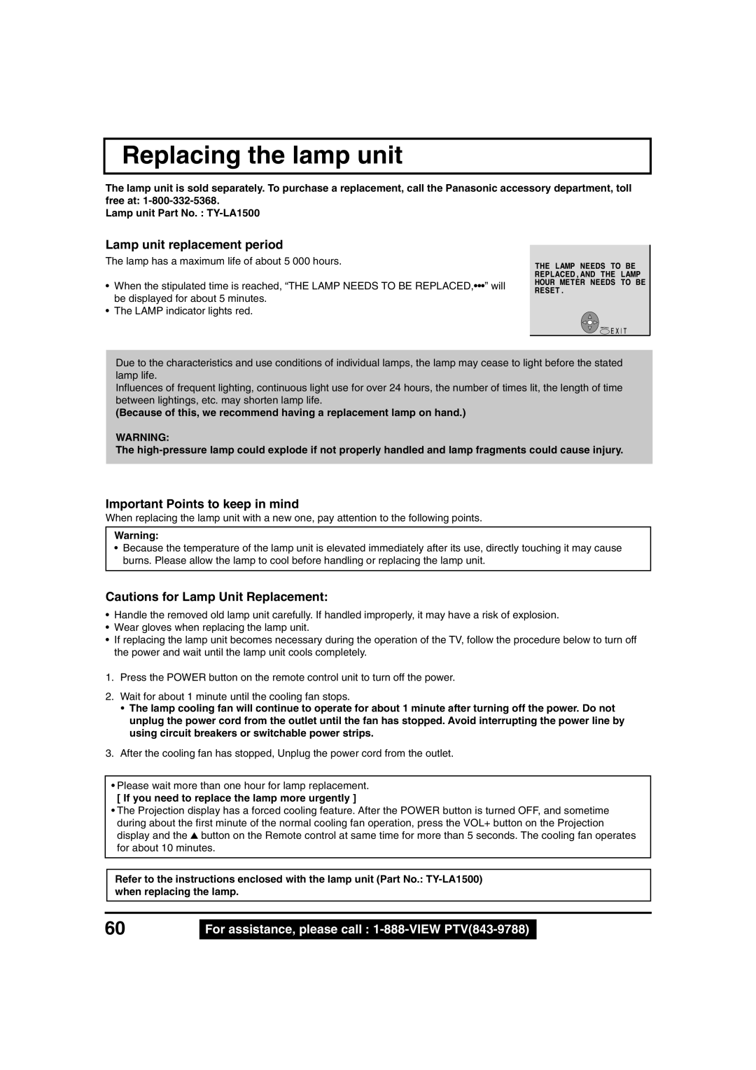 Panasonic PT 45LC12, PT 40LC12 Replacing the lamp unit, Lamp unit replacement period, Important Points to keep in mind 