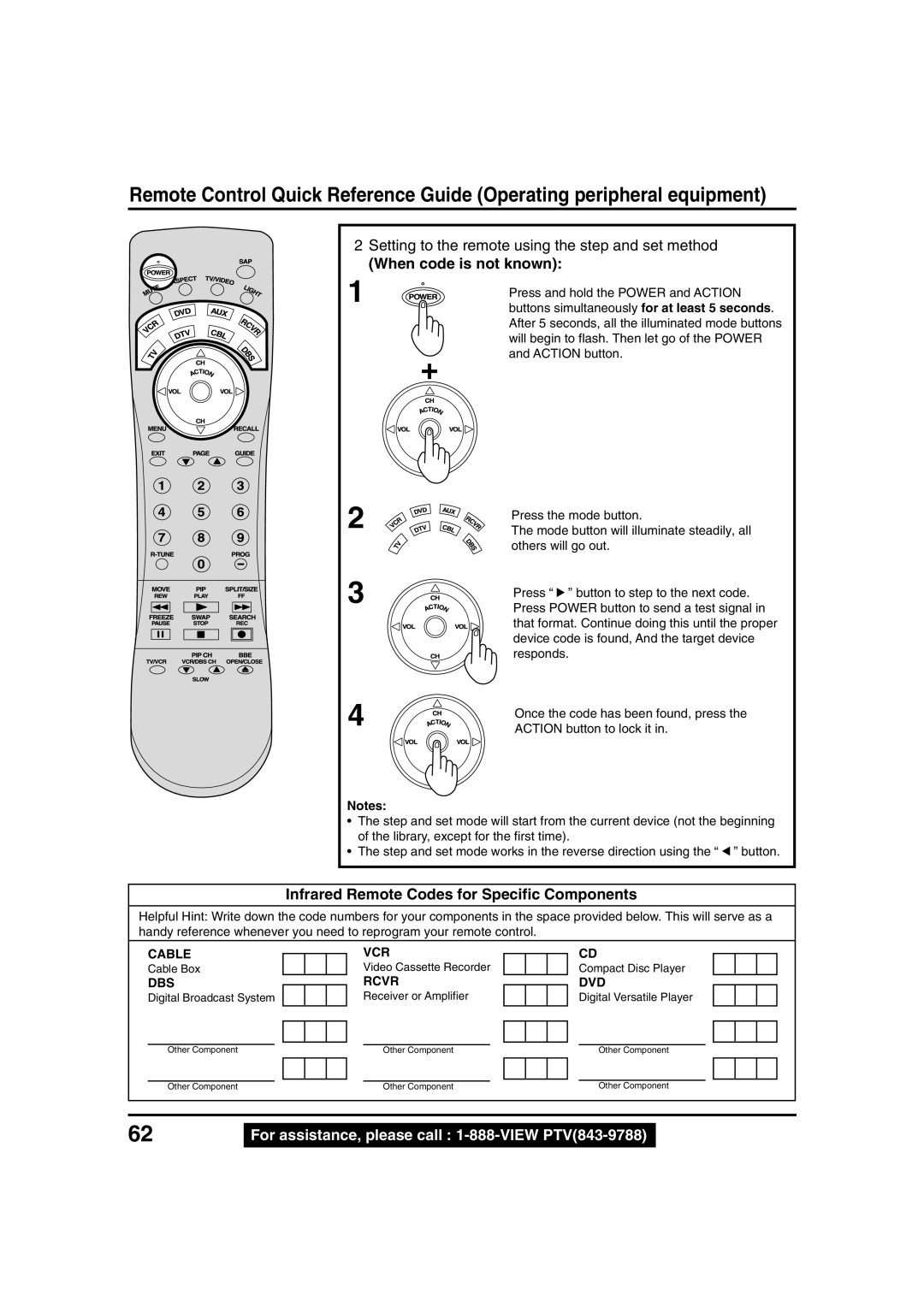 Panasonic PT 45LC12, PT 40LC12 manual When code is not known, Infrared Remote Codes for Specific Components 